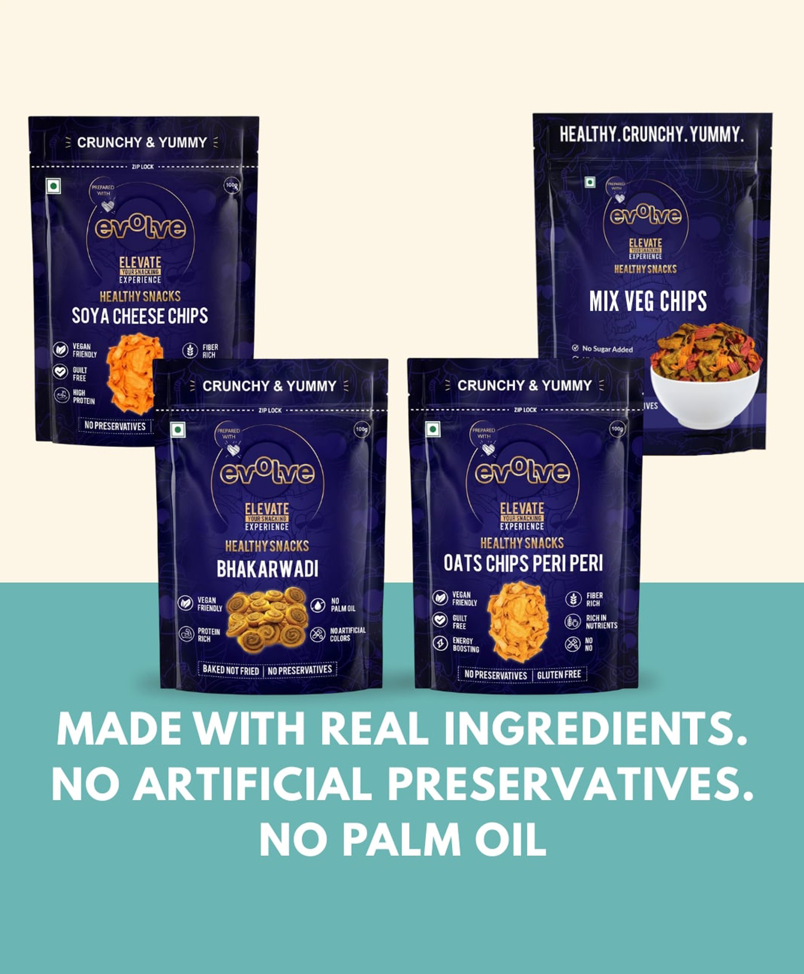 Evolve Flavoured Snack Combo | Oats Peri Peri Chips, Soya Cheese Chips, Mixed Veg Chips & Bhakarwadi | Crunchy Spicy & Savoury Snack Combo | Tasty Munchies | 400g (100g Each, Pack of 4)-image-42
