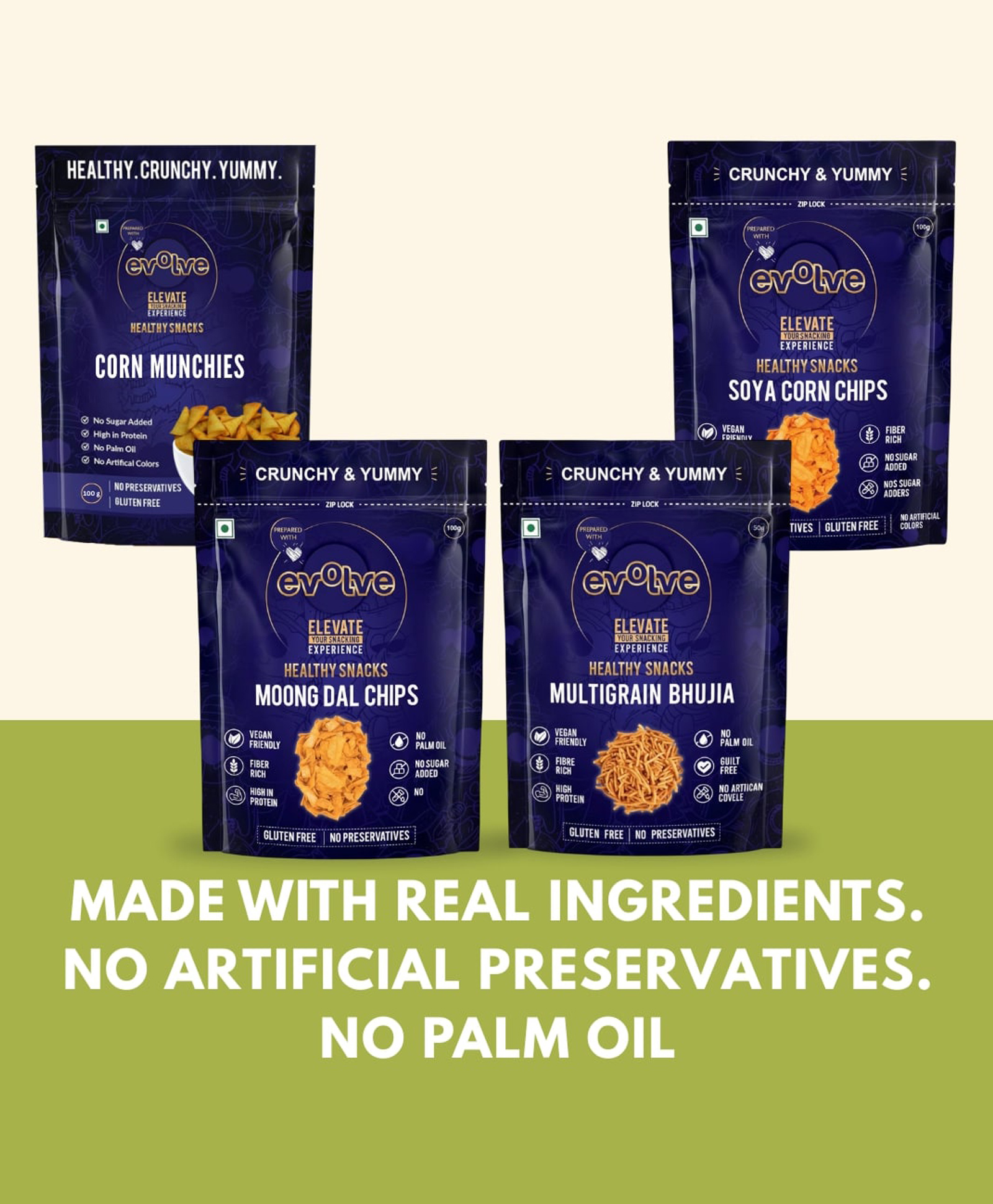 Evolve Protein & Grain Snack Combo | Corn Munchies, Moong Dal Chips, Soya Corn Chips & Multigrain Bhujia | Crunchy Grain & Pulse Snack | Everyday Munchies | 400g (100g Each, Pack of 4)-image-43