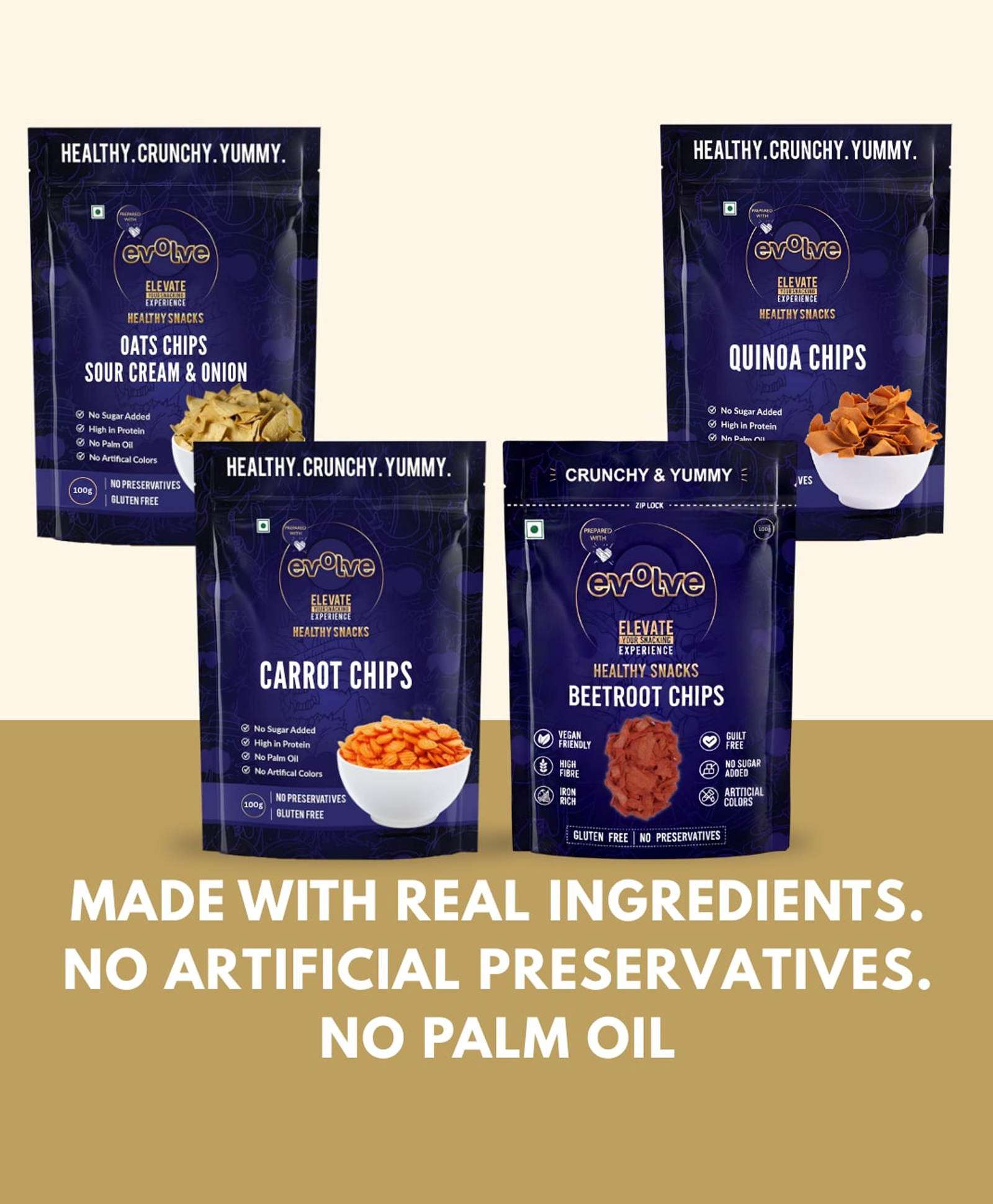 Evolve Supergrain Veggie Combo | Quinoa Chips, Carrot Chips, Beetroot Chips & Oats Sour Cream Chips | Crunchy Veggie & Grain Snack Combo | Tasty Munchies | 400g (100g Each, Pack of 4)-image-4