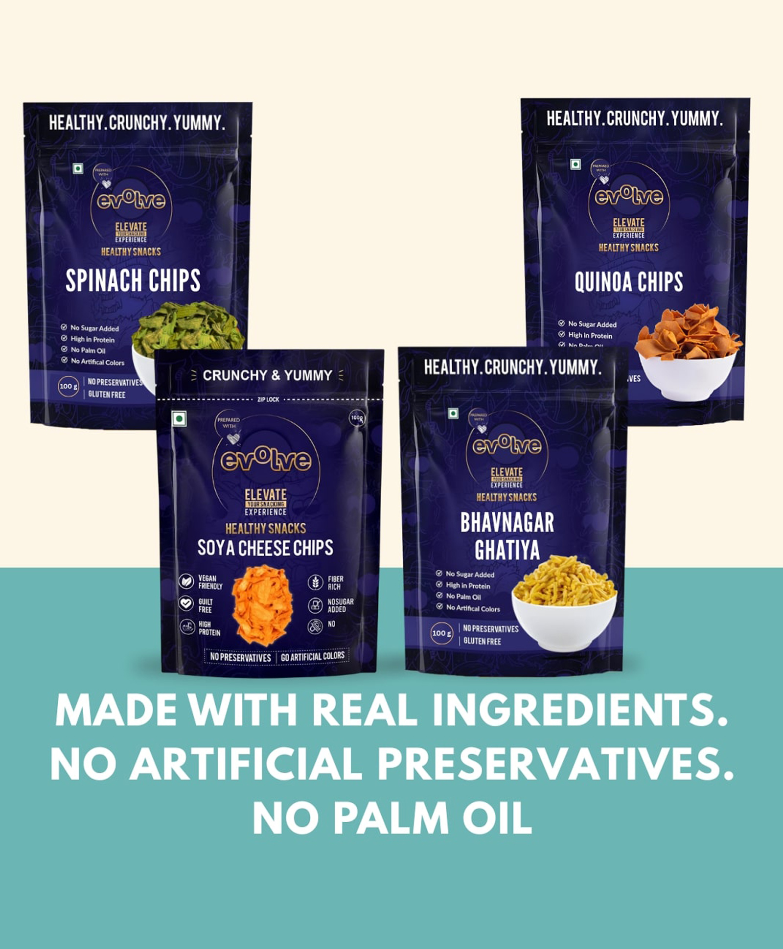 Evolve Veggie & Savoury Combo | Spinach Chips, Quinoa Chips, Soya Cheese Chips & Bhavnagar Gathiya | Namkeen Snack Combo | Wholesome Munchies | 400g (100g Each, Pack of 4)-image-11