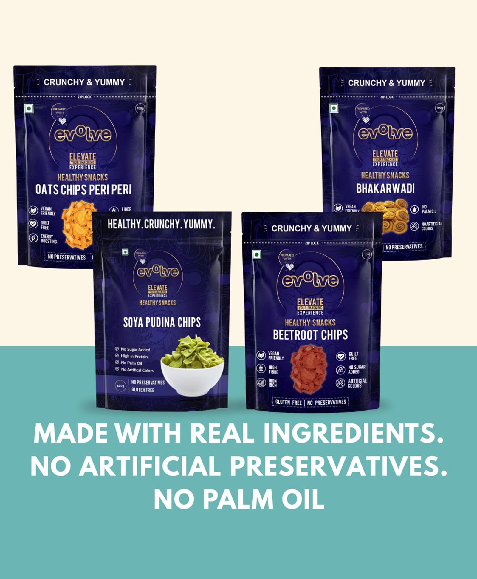 Evolve Spicy & Savoury Snack Combo | Oats Peri Peri Chips, Soya Pudina Chips, Beetroot Chips & Bhakarwadi | Crunchy Snack Combo | Tasty Munchies | 400g (100g Each, Pack of 4)-image-47