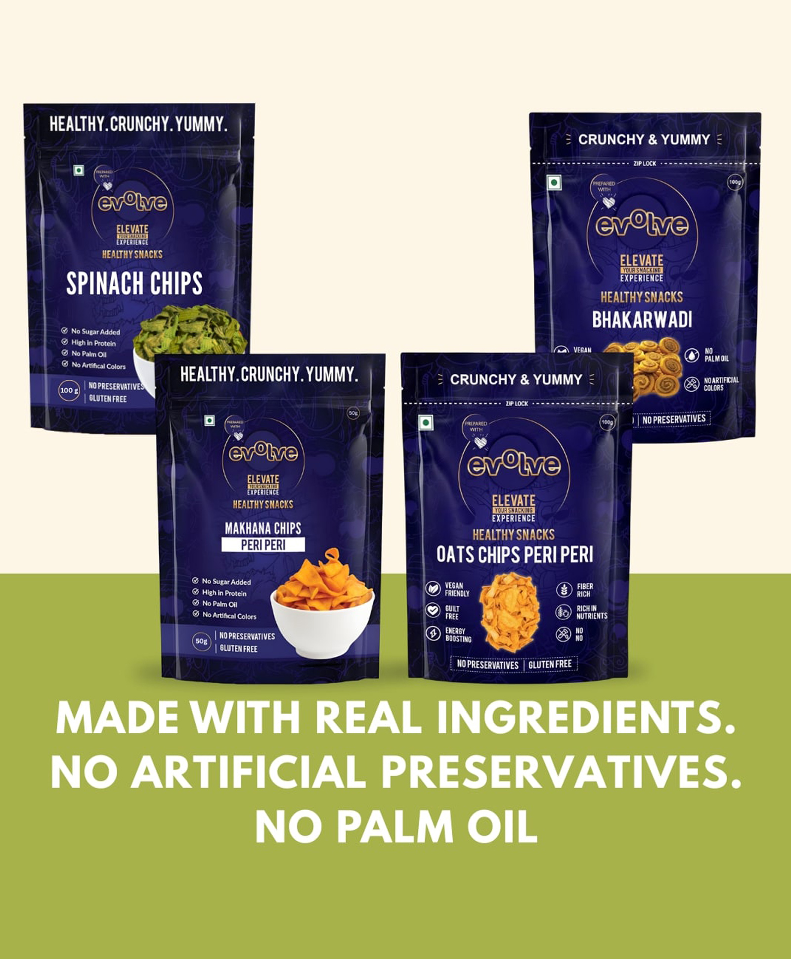 Evolve Spicy Crunch Combo | Oats Peri Peri Chips, Spinach Chips, Bhakarwadi & Makhana Chips | Crunchy Indian Snack Combo with Veggies & Foxnuts | Munchies | 400g (100g Each, Pack of 4)-image-48
