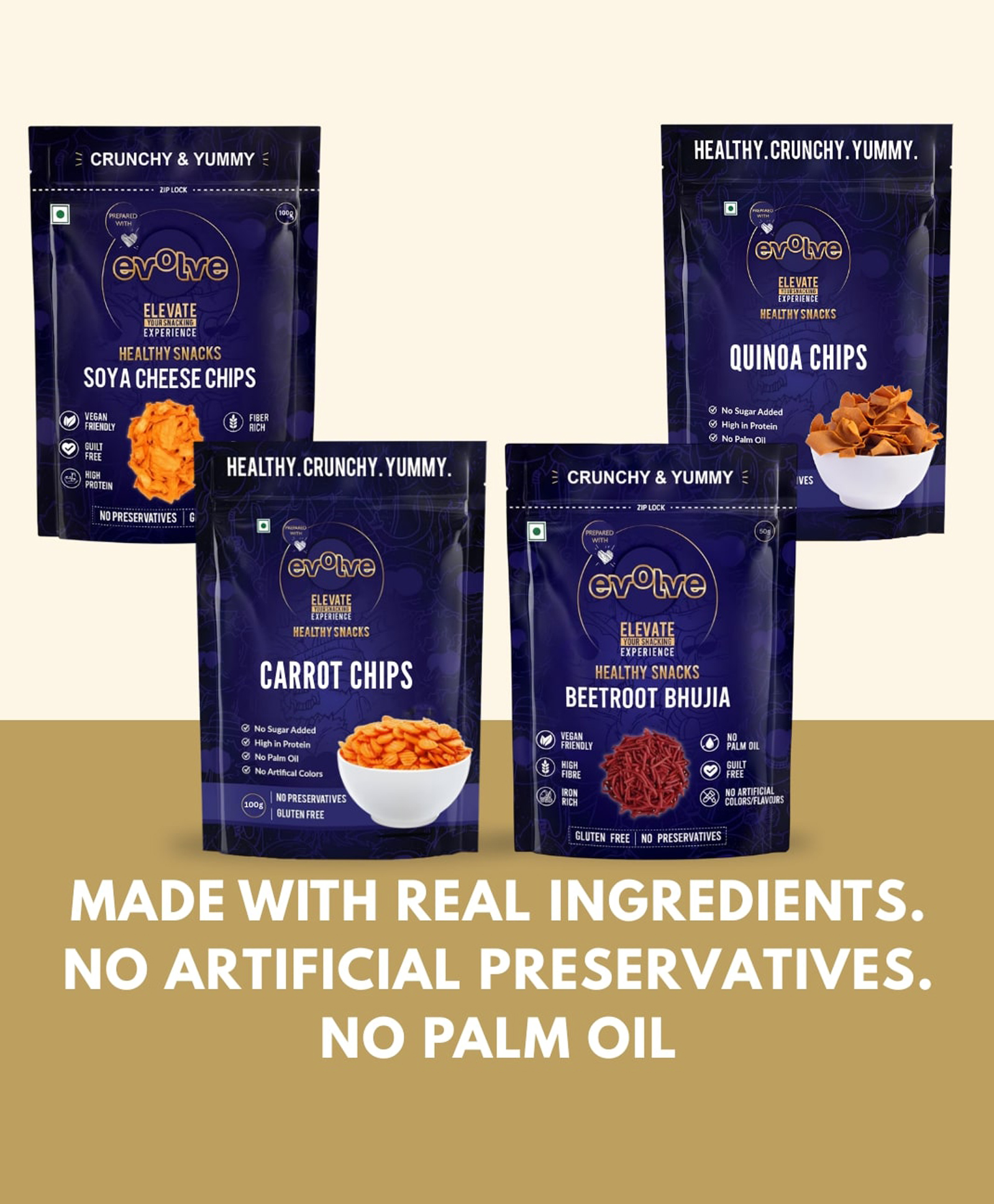 Evolve Veggie & Supergrain Combo | Carrot Chips, Soya Cheese Chips, Quinoa Chips & Beetroot Bhujia | Crunchy Snack Combo | Wholesome & Tasty Munchies | 400g (100g Each, Pack of 4)-image-11