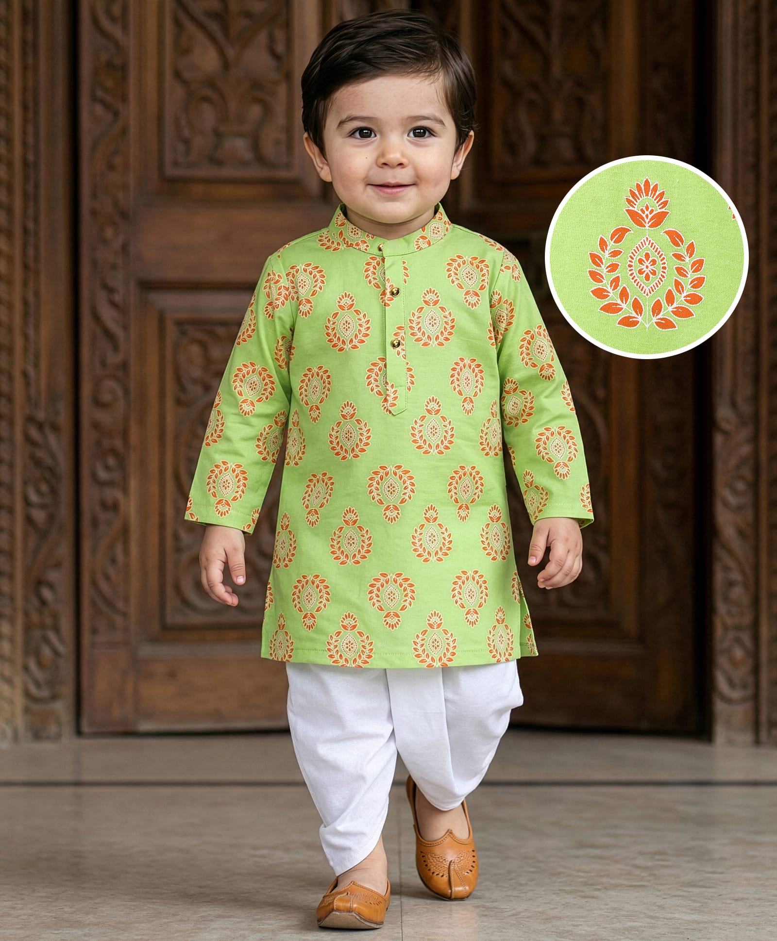 EARTHY TOUCH Cotton Jersey Knit Full Sleeves Floral Printed Kurta Dhoti Set - Lime Green-picture-16