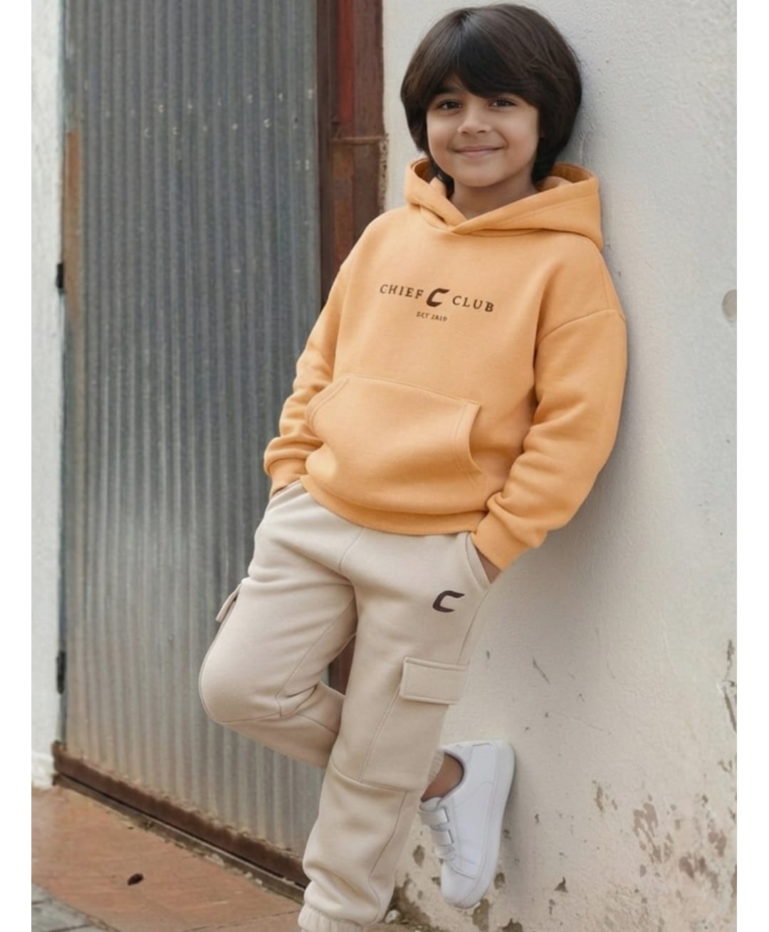 Nap Chief Cotton Blend Knit Full Sleeves Chief Club Text Printed Winter Hoodie With Cargo Joggers Set - Sand-image-20