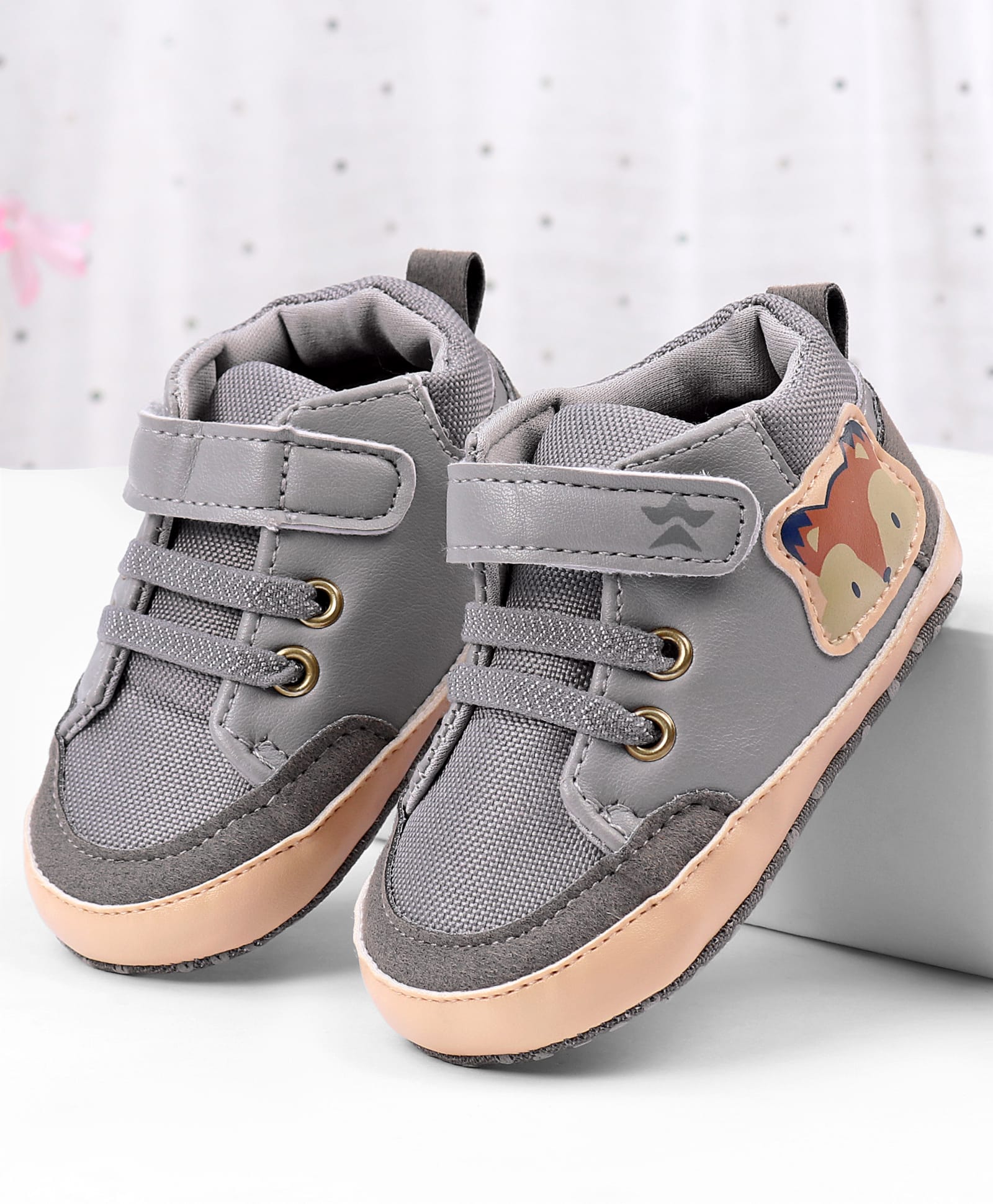 Cute Walk by Babyhug Velcro Closure Booties with Fox Patch - Grey-image-20