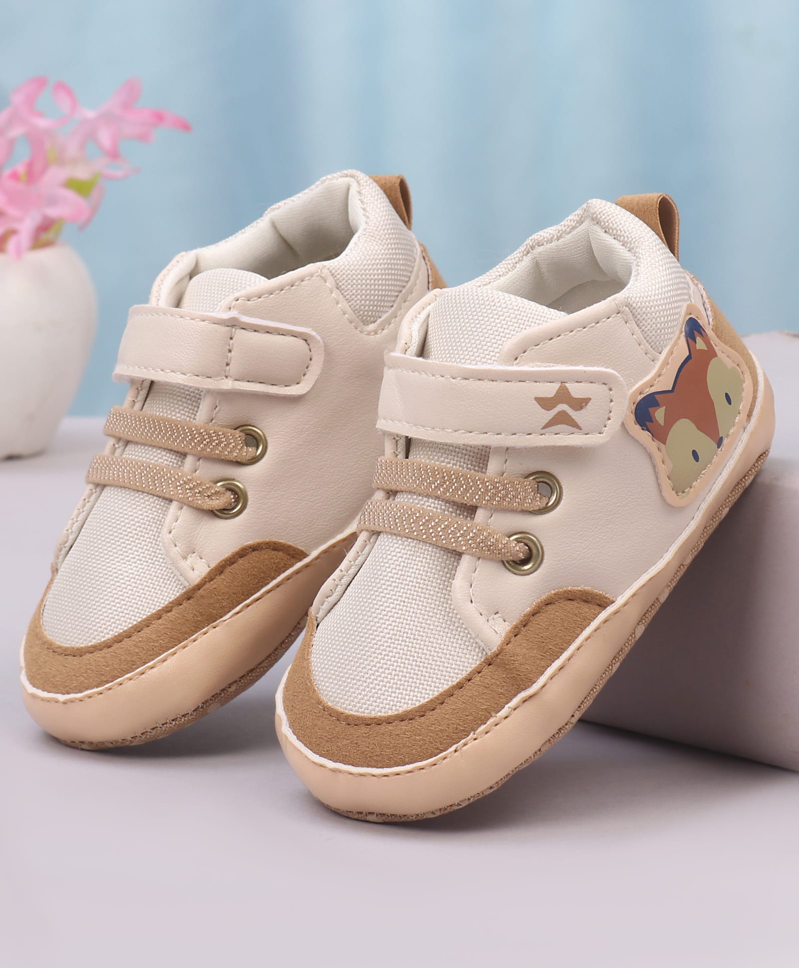 Cute Walk by Babyhug Velcro Closure Booties with Fox Patch - Beige