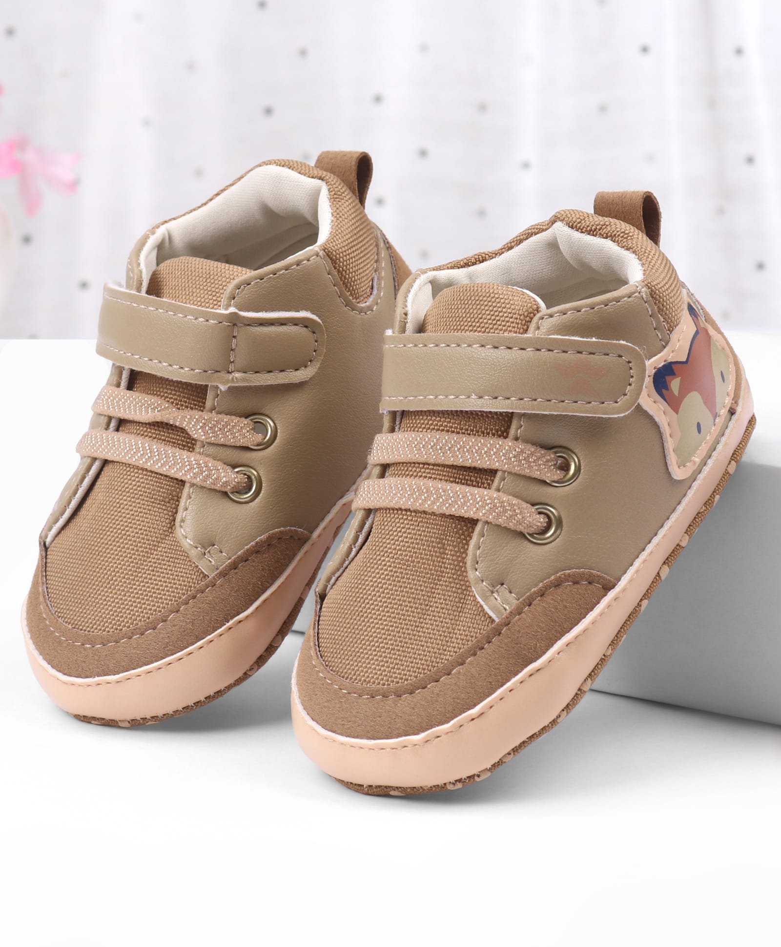 Cute Walk by Babyhug Velcro Closure Booties with Fox Patch - Tan