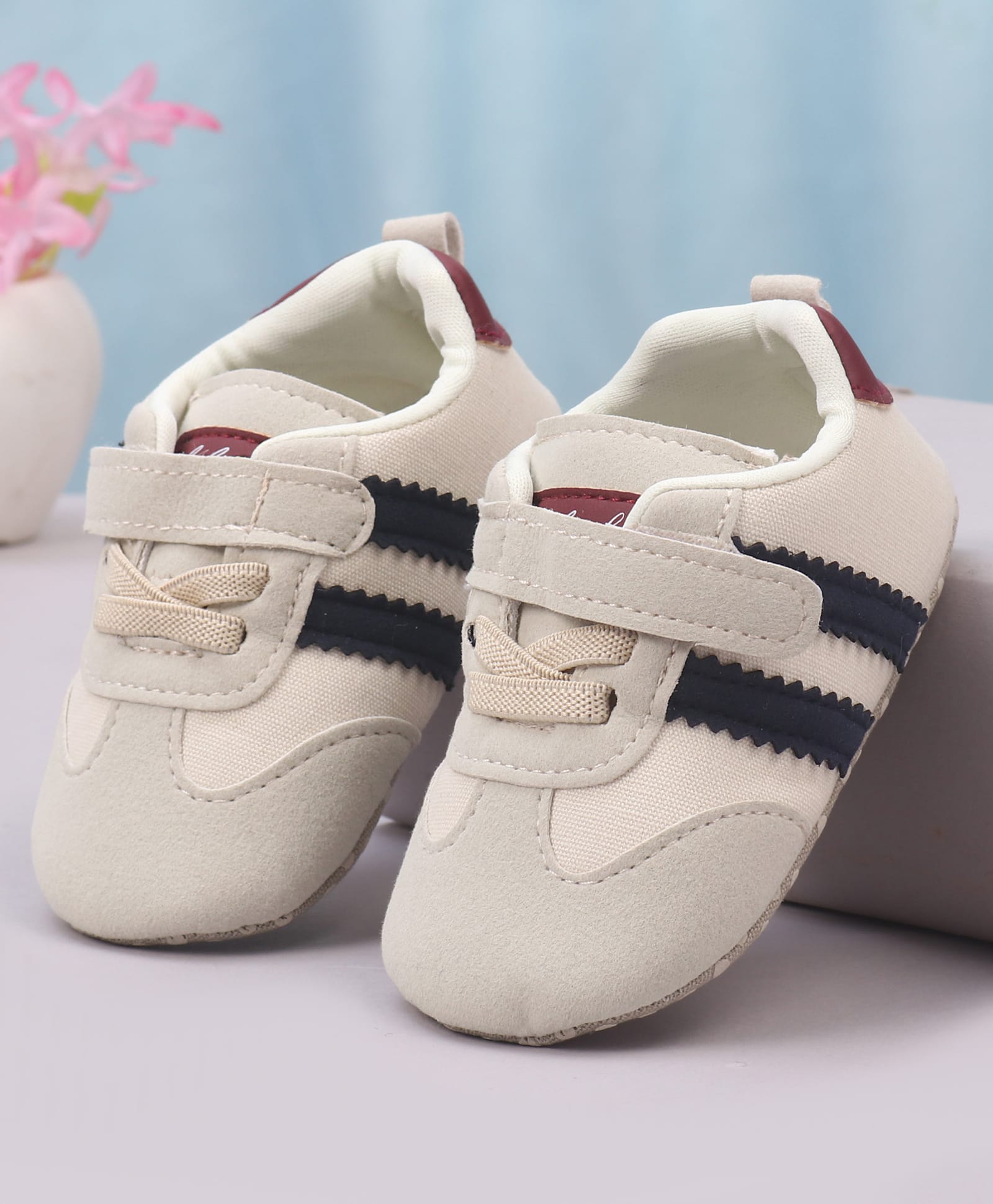 Cute Walk by Babyhug Velcro Closure Booties with Stripe Design - Beige