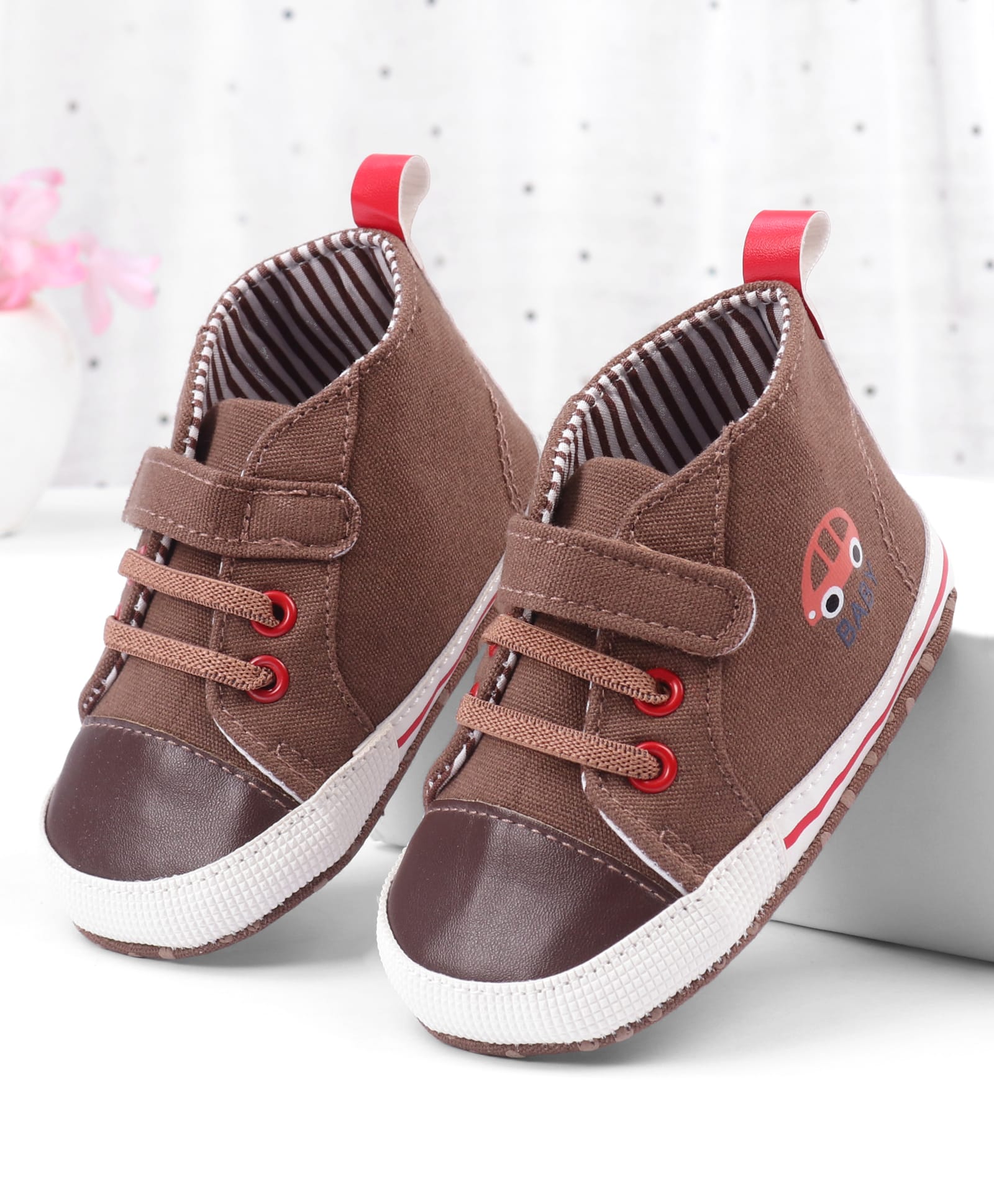 Cute Walk by Babyhug Velcro Closure Booties with Car Print- Broown-picture-20