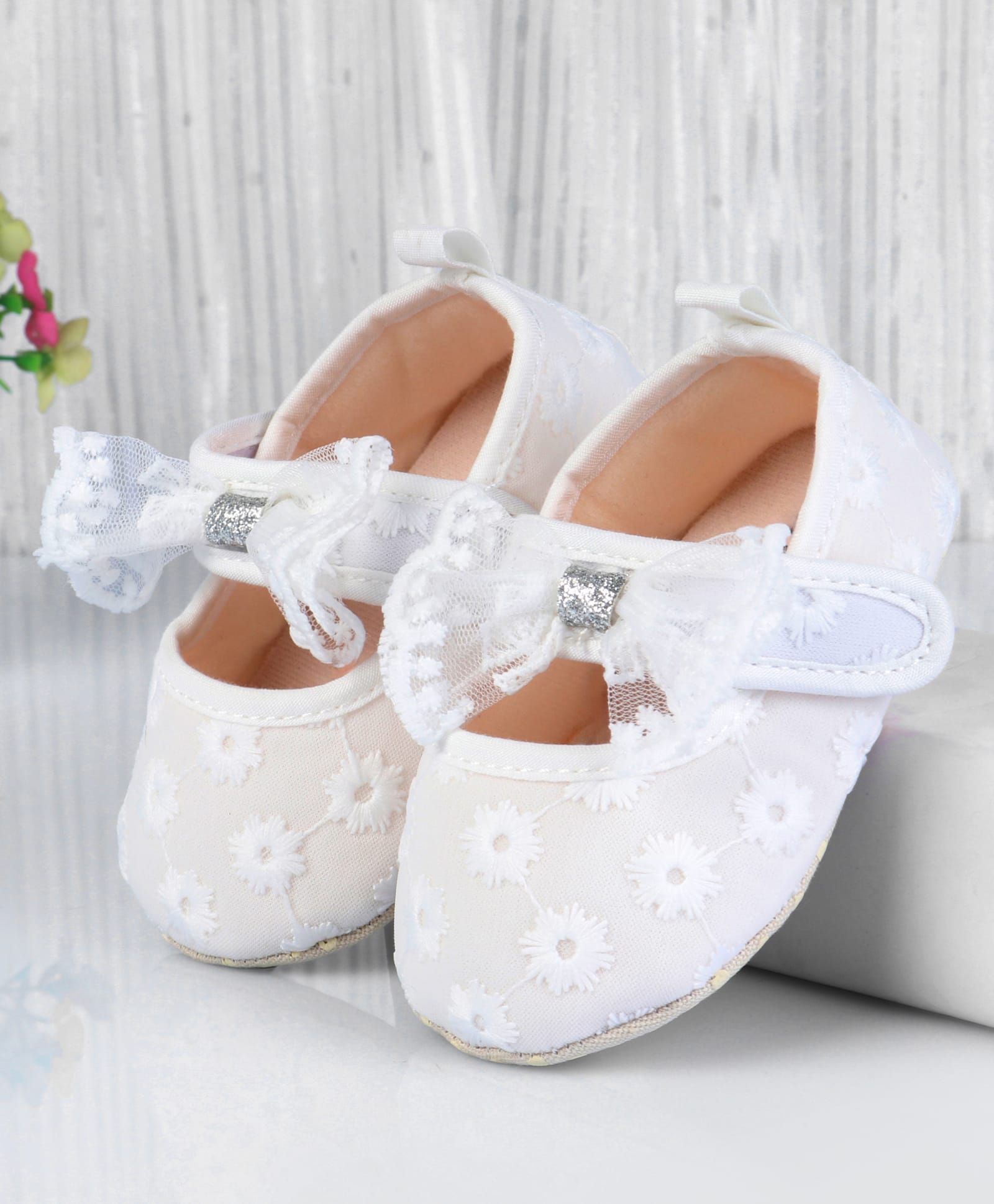 Cute Walk by Babyhug Velcro Closure Booties with Floral Embroidery & Bow Applique - White