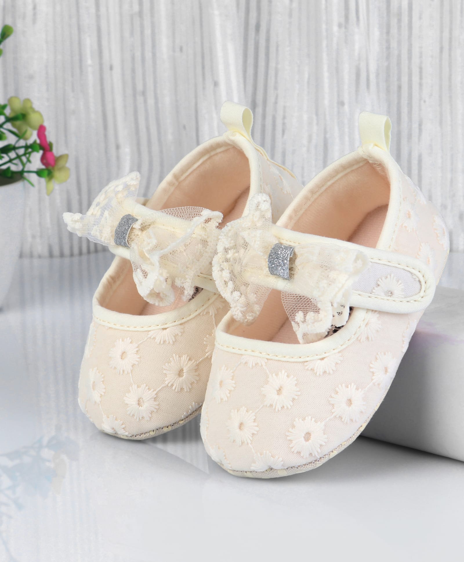 Cute Walk by Babyhug Velcro Closure Booties with Floral Embroidery & Bow Applique - Beige-picture-17