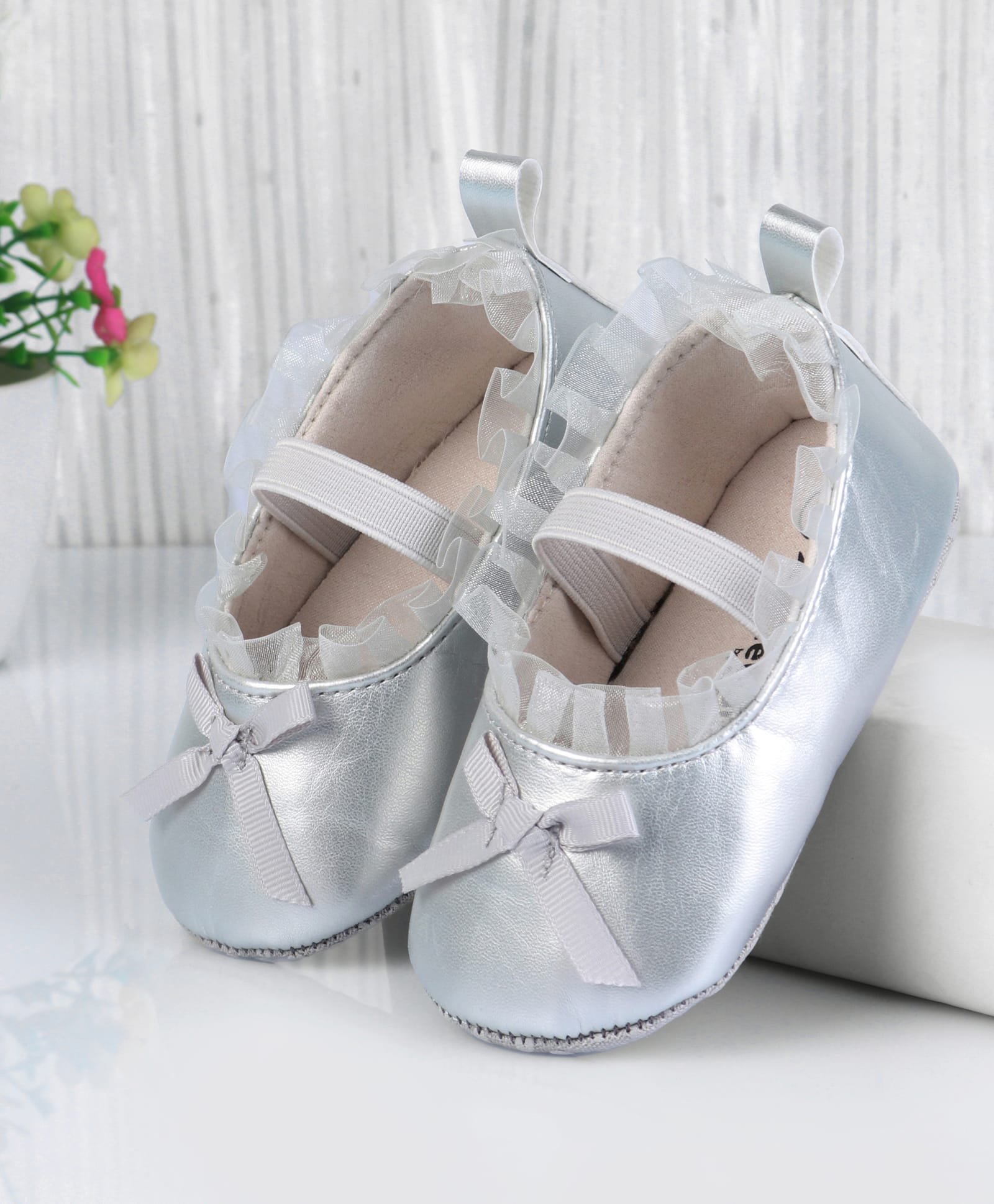 Cute Walk by Babyhug Slip On Booties with Bow Applique - Silver-image-35