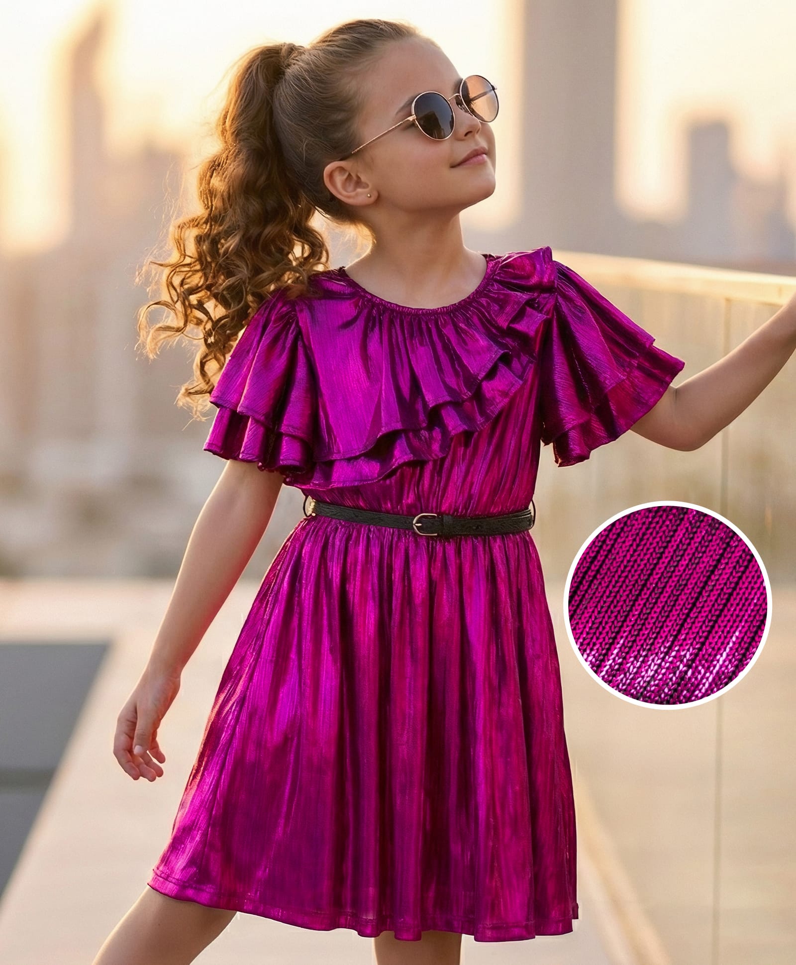 Hola Bonita Knit Half Flutter Sleeves Glitter Party Dress With Belt - Magenta-image-37