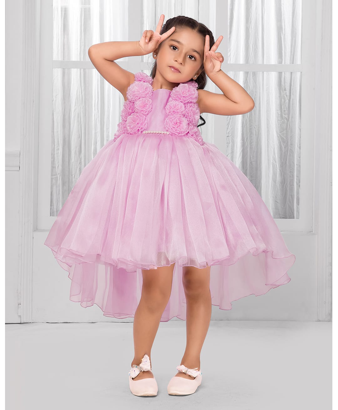 Ministitch Organza Woven Sleeveless Pearl Embellished Floral Applique Detailed High Low Dress - Pink-image-16