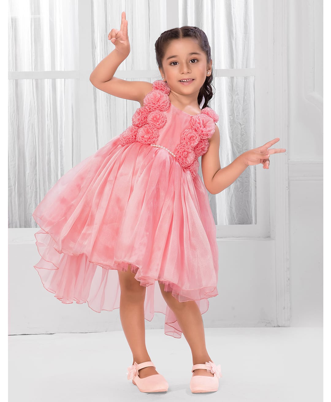 Ministitch Organza Woven Sleeveless Pearl Embellished Floral Applique Detailed High Low Dress - Peach-image-21