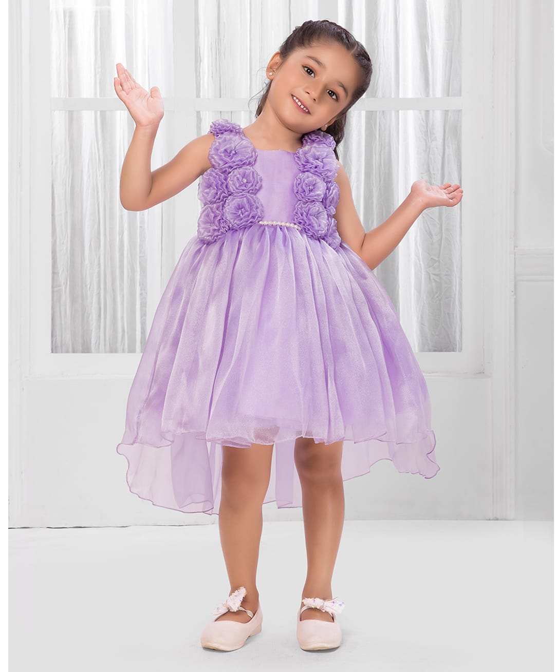 Ministitch Organza Woven Sleeveless Pearl Embellished Floral Applique Detailed High Low Dress - Lilac-picture-19