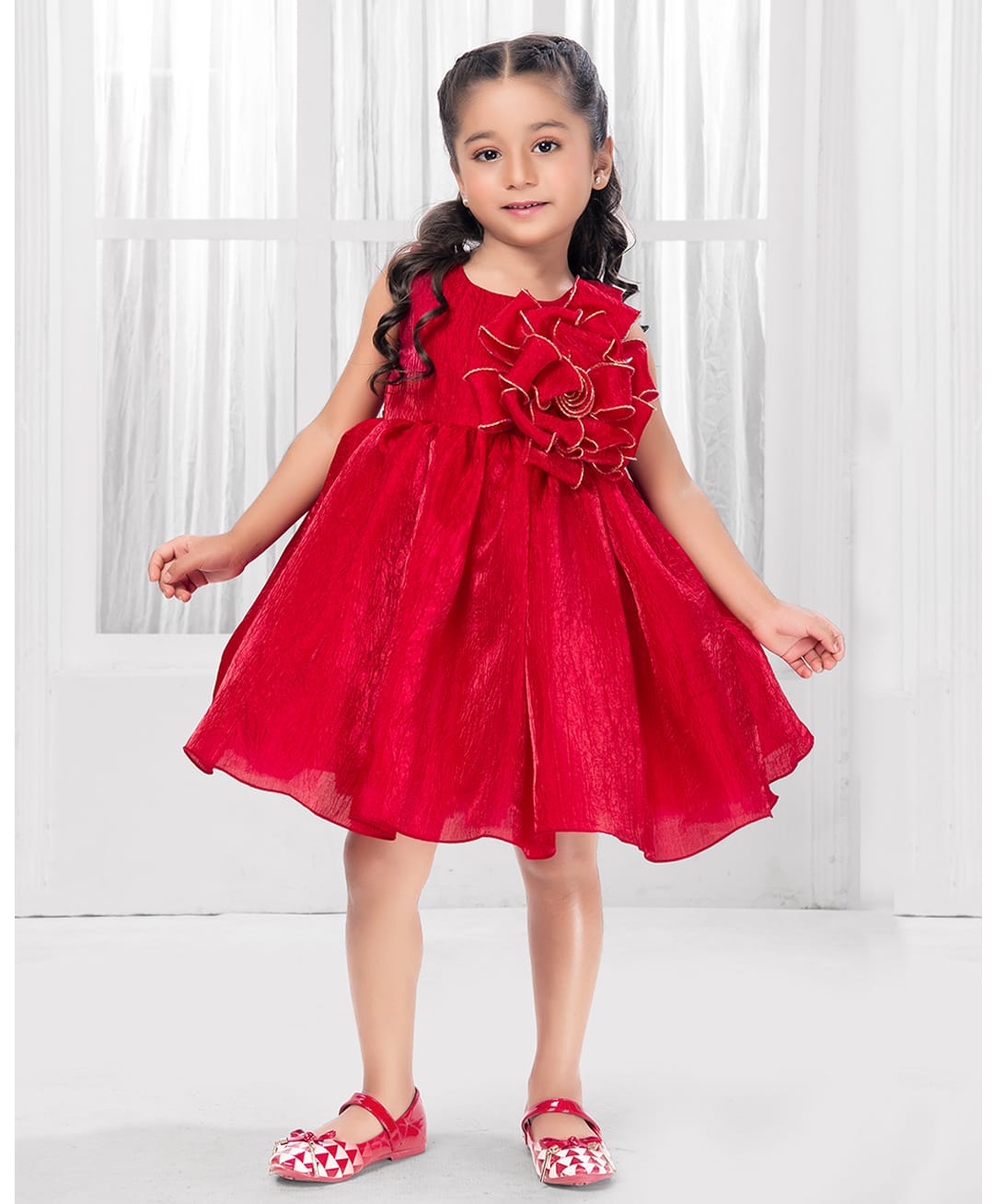 Ministitch Tissue Woven Sleeveless Floral Applique Detailed Dress - Red-picture-0