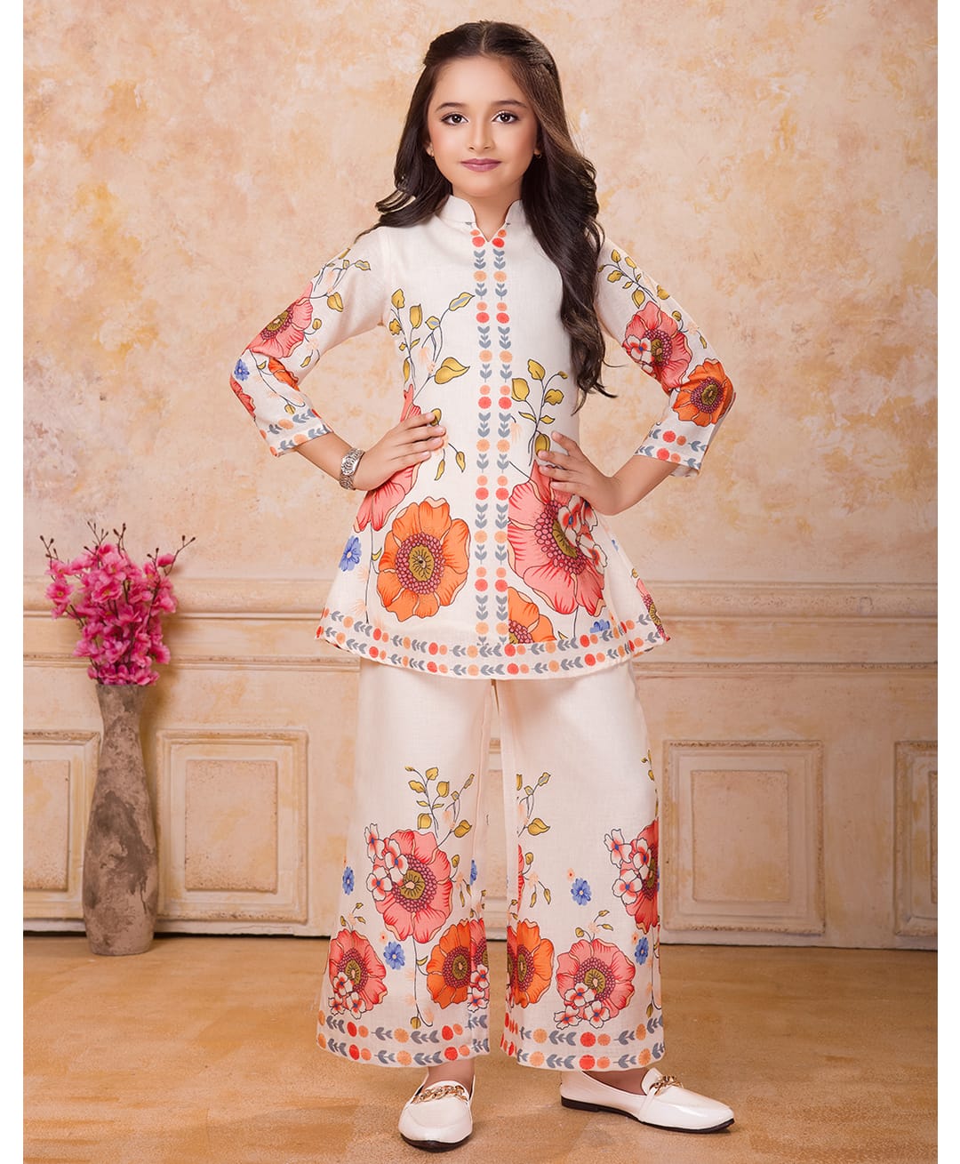 Ministitch Cotton Silk Woven Three Fourth Sleeves Kurti & Palazzo Set - Off White