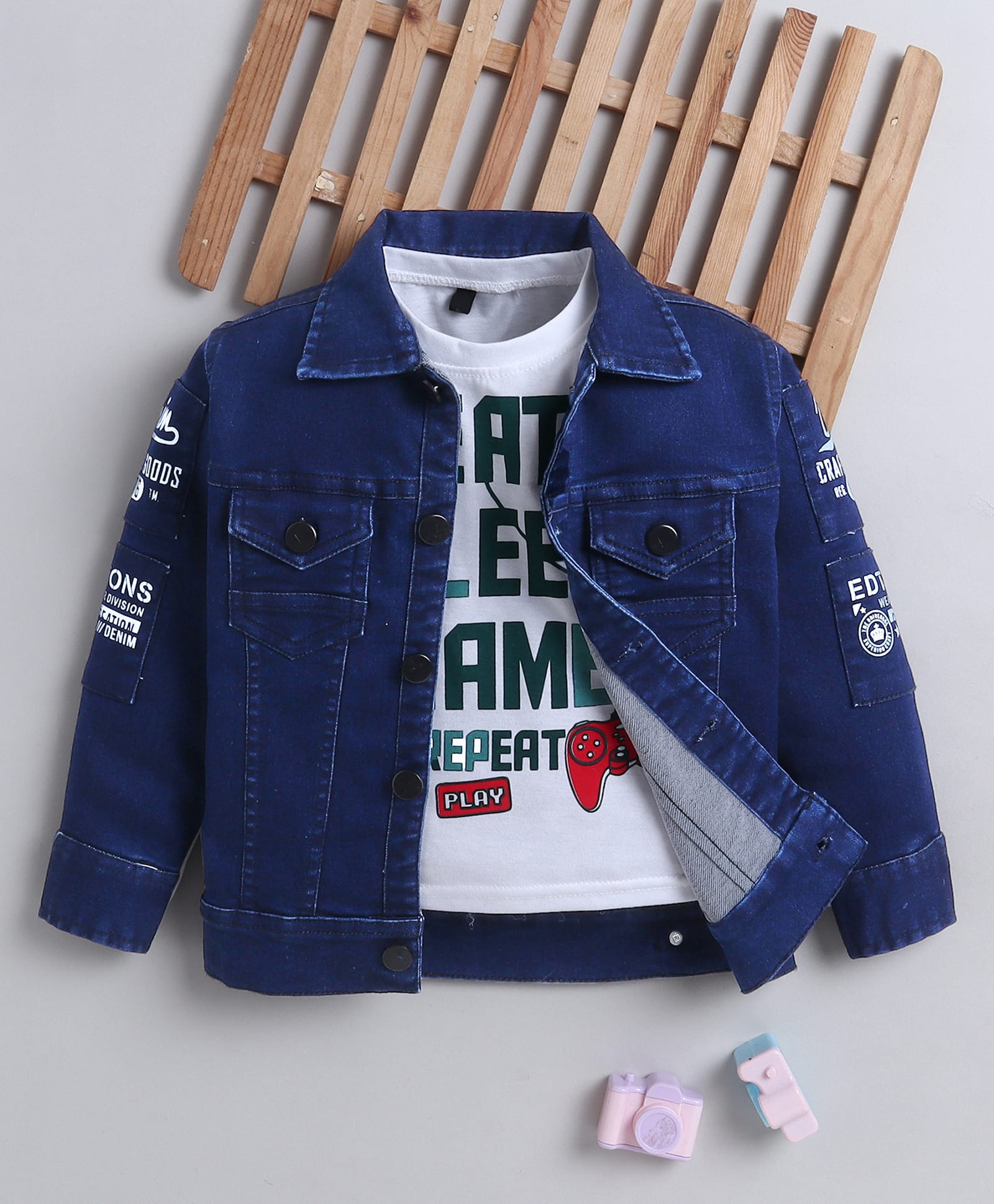 Ministitch Denim Woven Full Sleeves Typography Printed Jacket With Tee - Dark Blue-image-39