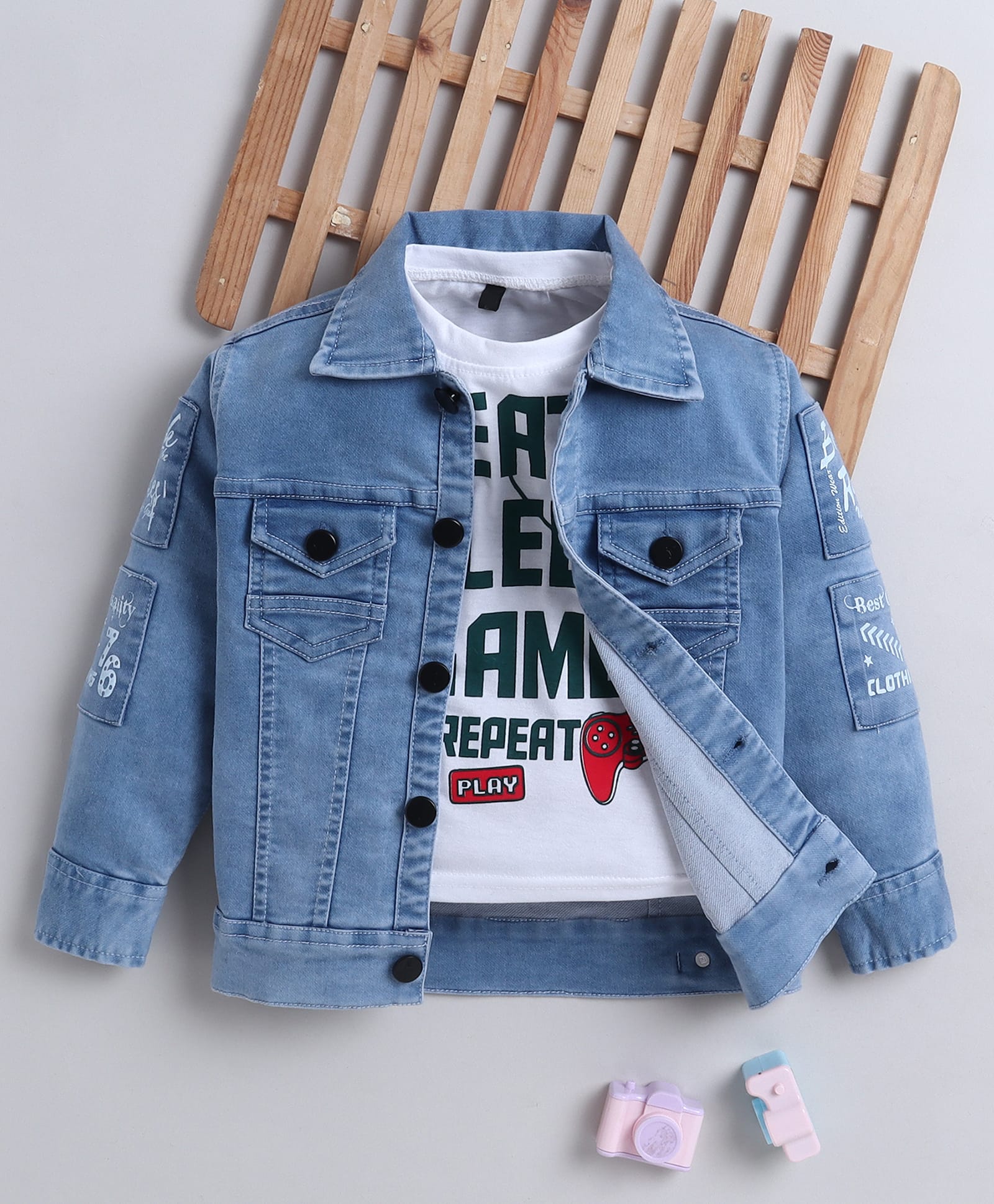 Ministitch Denim Woven Full Sleeves Typography Printed Jacket With Tee - Light Blue-image-45