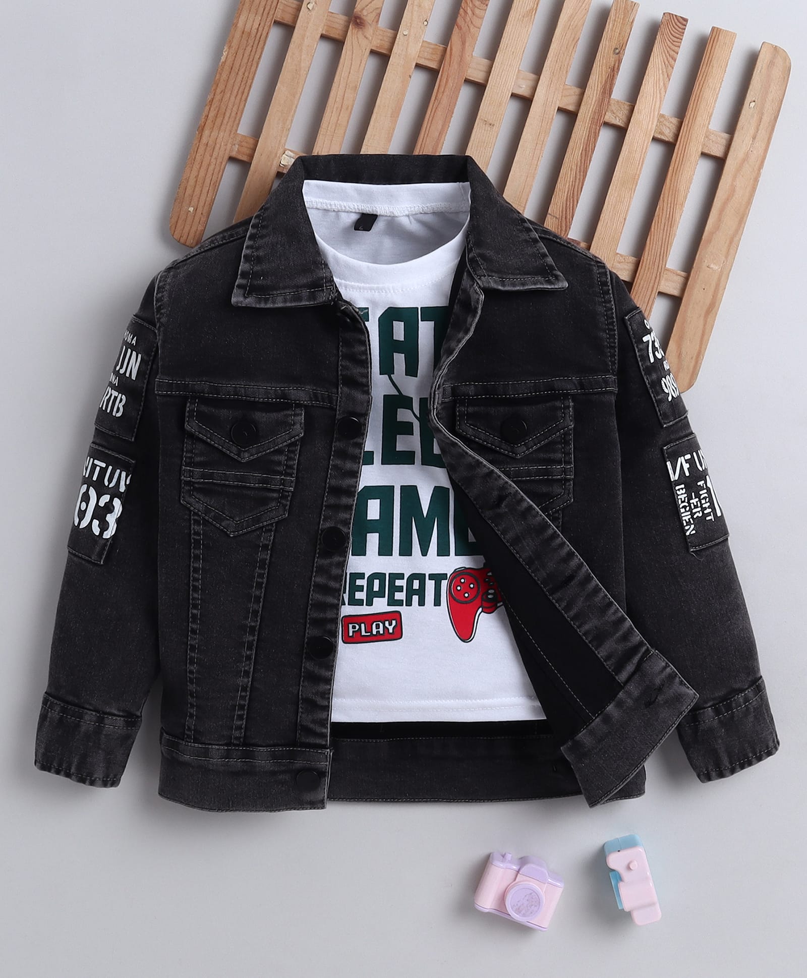 Ministitch Denim Woven Full Sleeves Typography Printed Jacket With Tee - Dark Grey-image-36