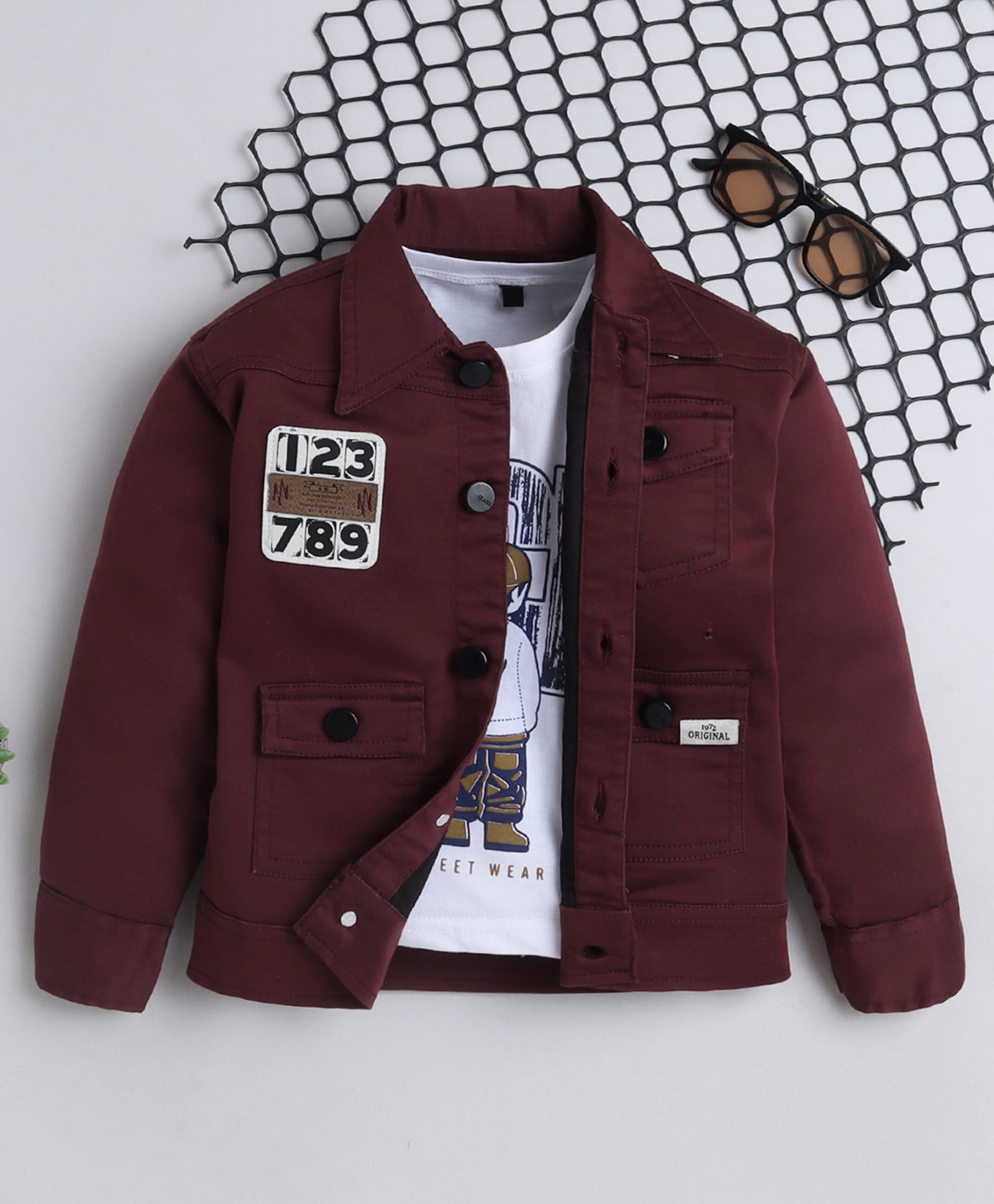 Ministitch Denim Woven Full Sleeves 123 789 Number Printed Jacket With Tee - Maroon-picture-21