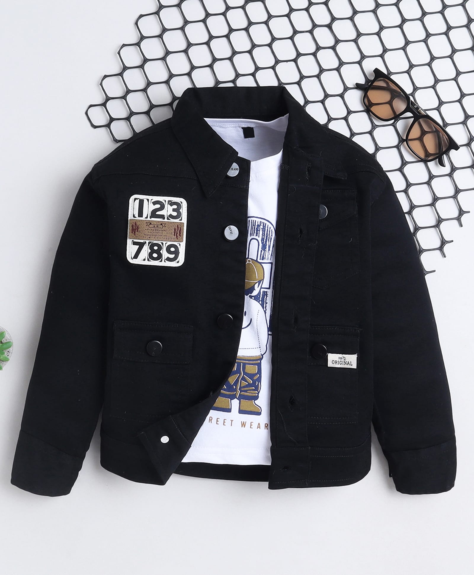 Ministitch Denim Woven Full Sleeves 123 789 Number Printed Jacket With Tee - Black-image-45