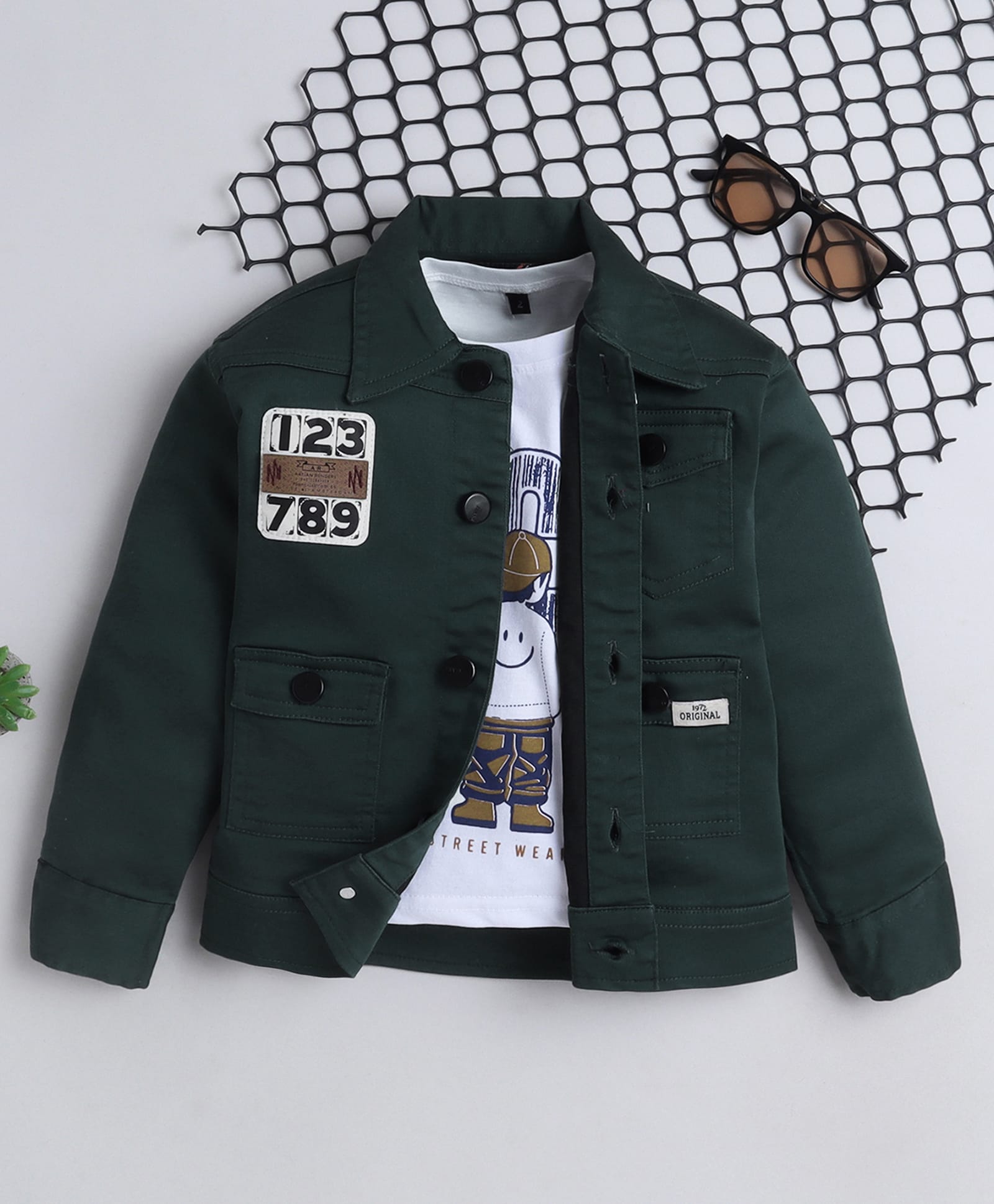 Ministitch Denim Woven Full Sleeves 123 789 Number Printed Jacket With Tee - Bottle Green-picture-37