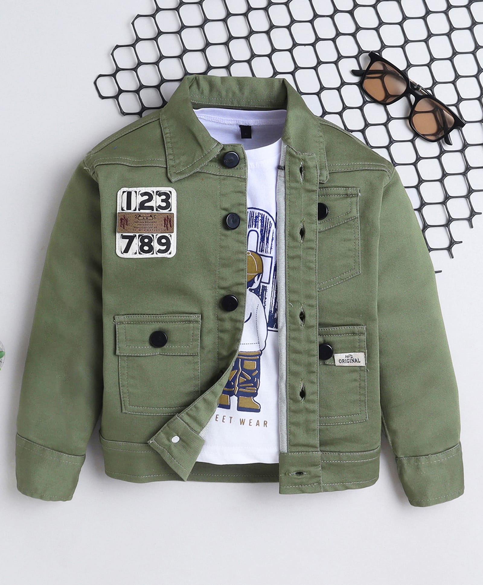 Ministitch Denim Woven Full Sleeves 123 789 Number Printed Jacket With Tee - Olive Green-image-38