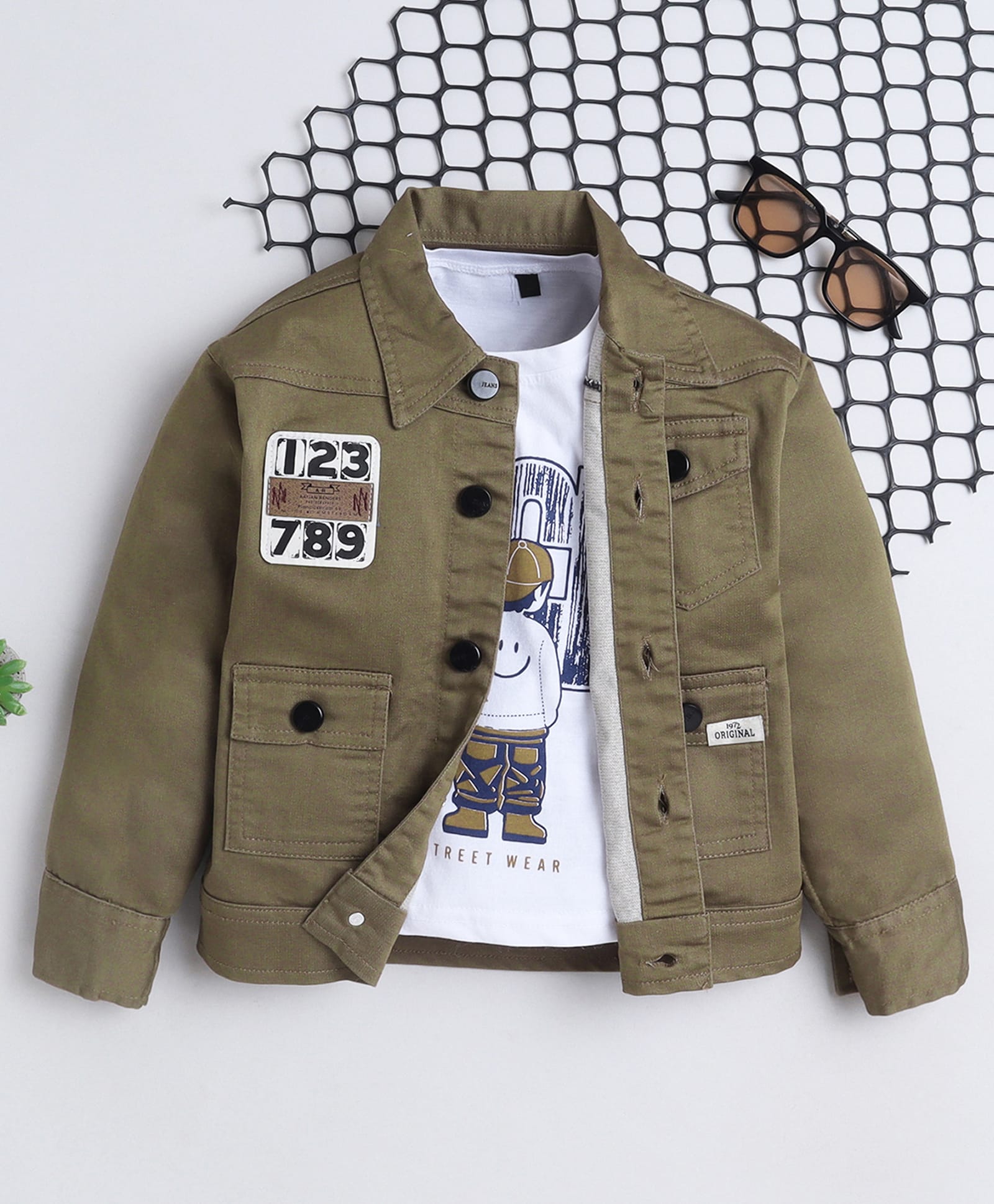 Ministitch Denim Woven Full Sleeves Jacket With Printed Tshirt- Khaki-image-38