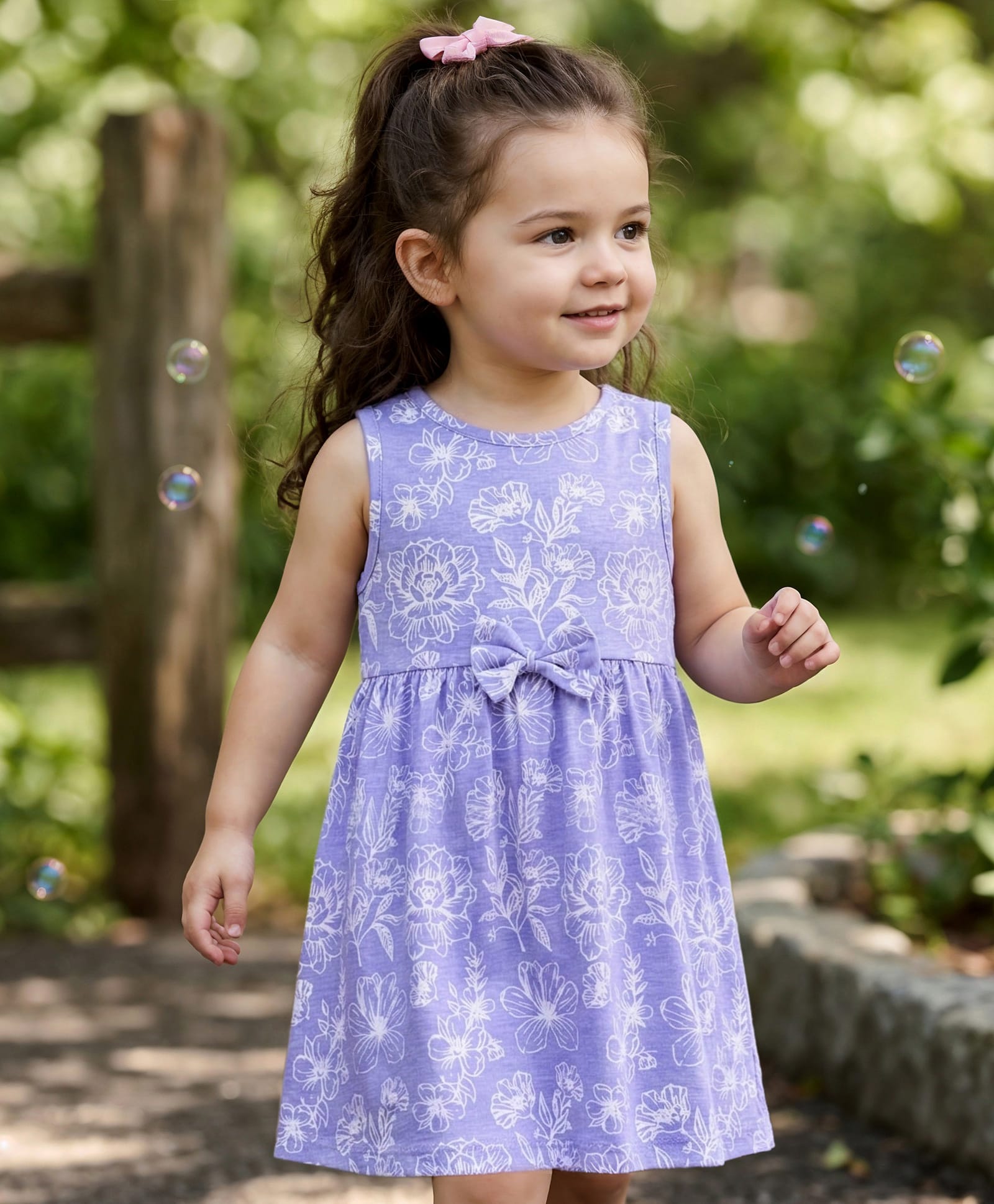 Babyhug Single Jersey Knit Sleeveless Frock with Floral Print & Bow Applique - Multicolor-image-23