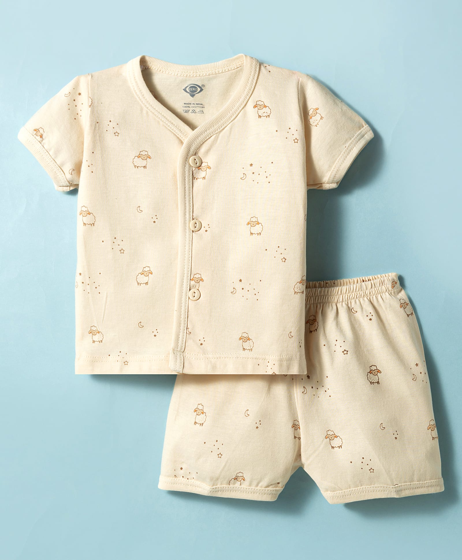 Zero Knitted Half Sleeves Co-ords T-Shirt & Shorts Night Set with Sheep Print - Beige-image-16