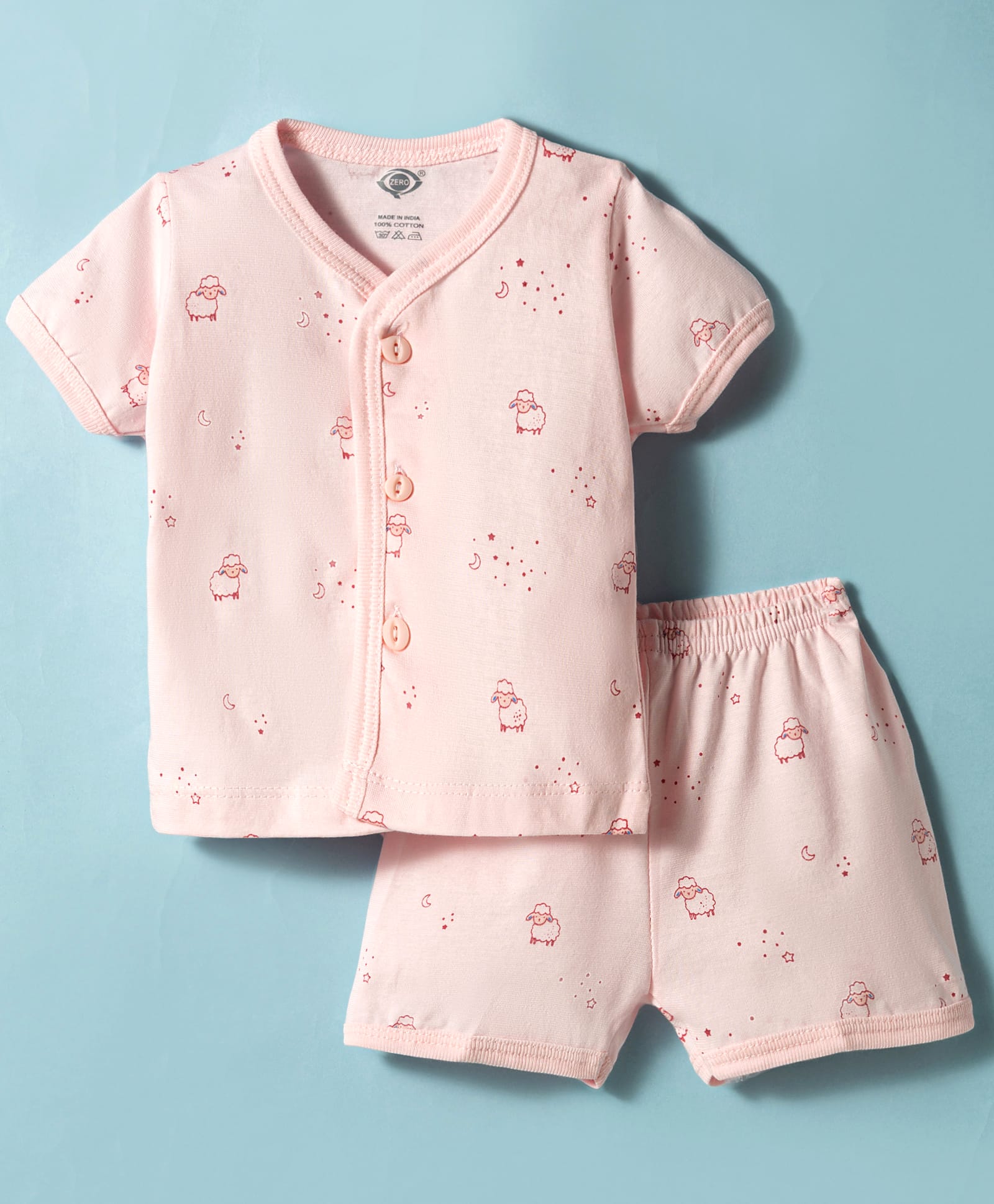 Zero Knitted Half Sleeves Co-ords T-Shirt & Shorts Night Set with Sheep Print - Pink-image-34