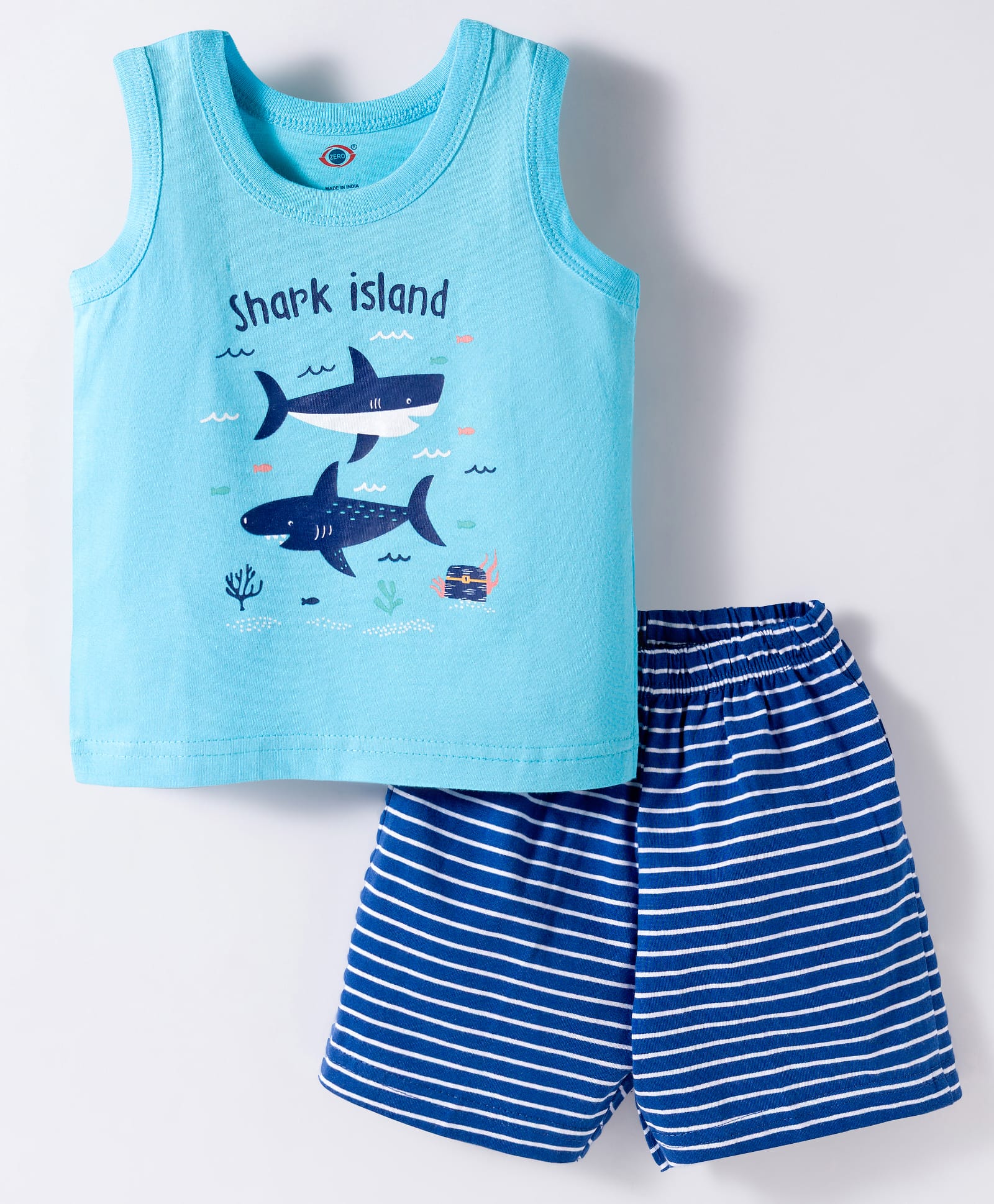 Zero Knit Sleeveless T-Shirt & Shorts Night Suit With Shark Print - Aqua & Navy Blue-image-15