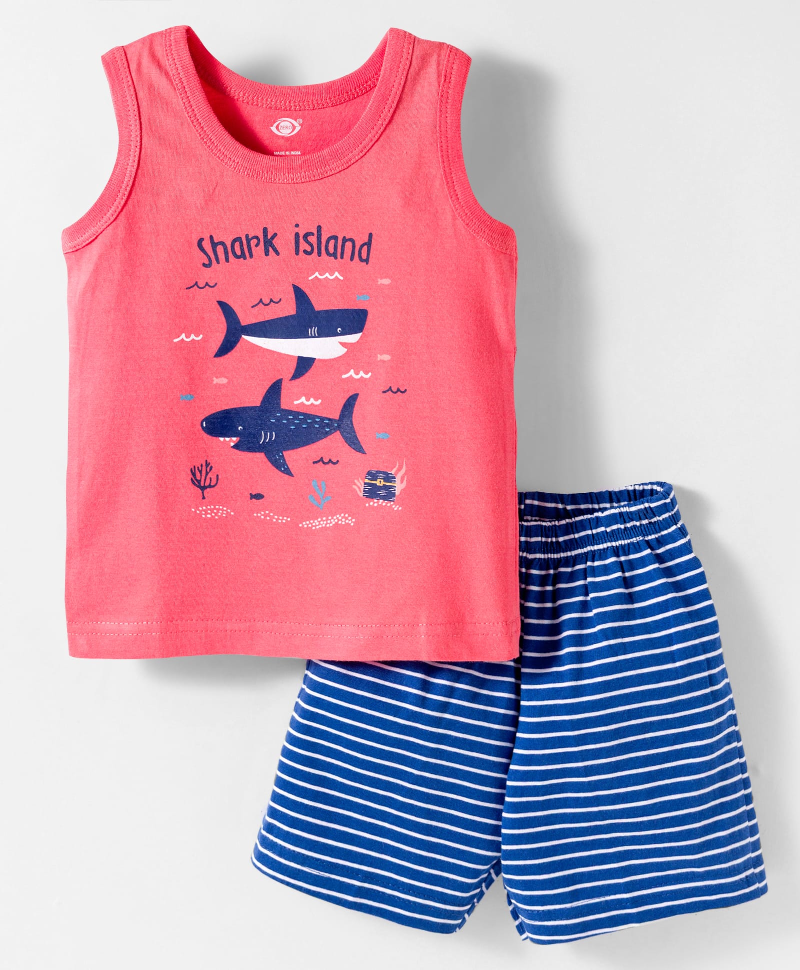 Zero Knit Sleeveless T-Shirt & Shorts Night Suit With Shark Print - Coral & Navy Blue-image-14