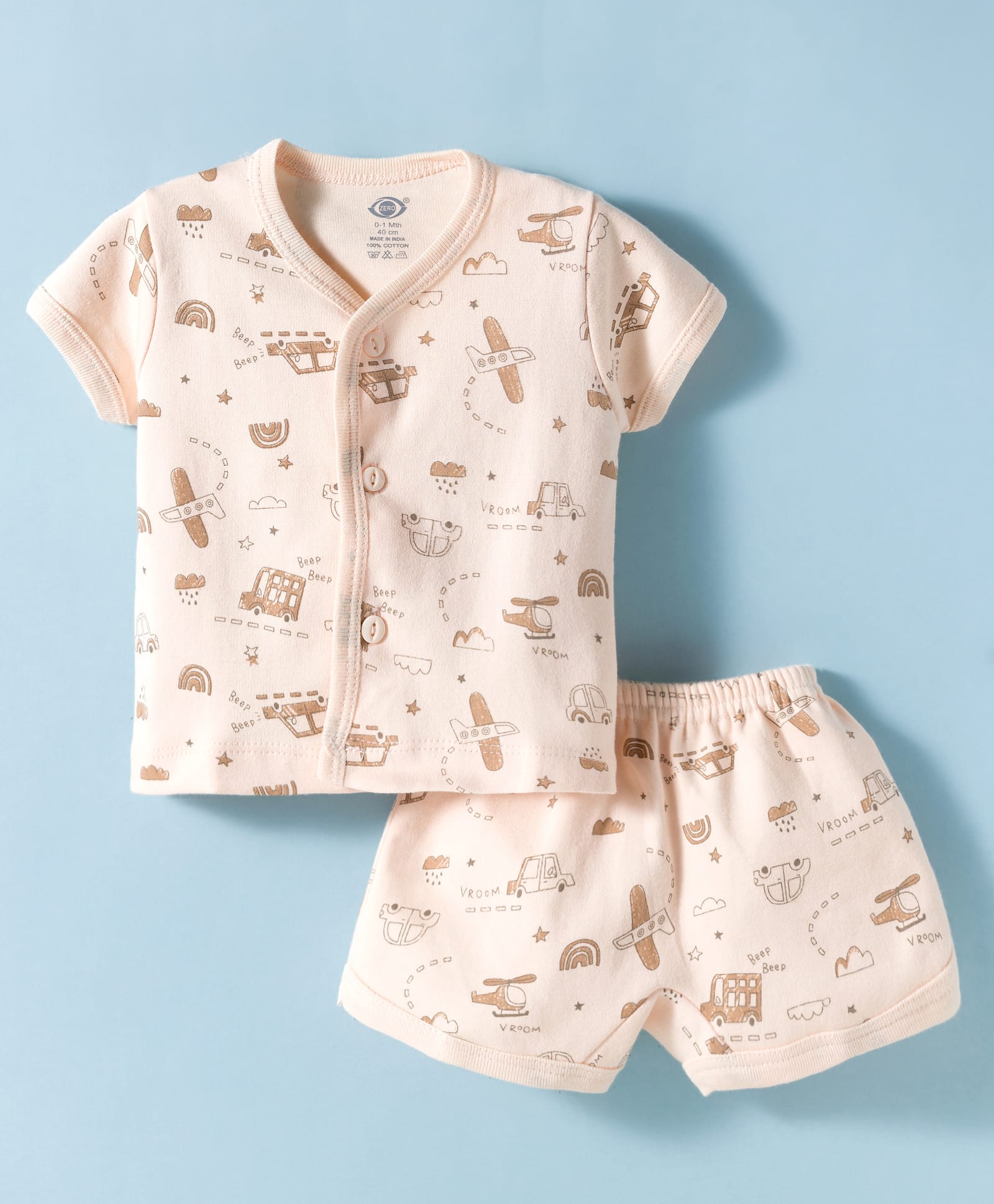Zero Knitted Half Sleeves Co-ords T-Shirt & Shorts Night Set with Vehicle Print - Peach-picture-26