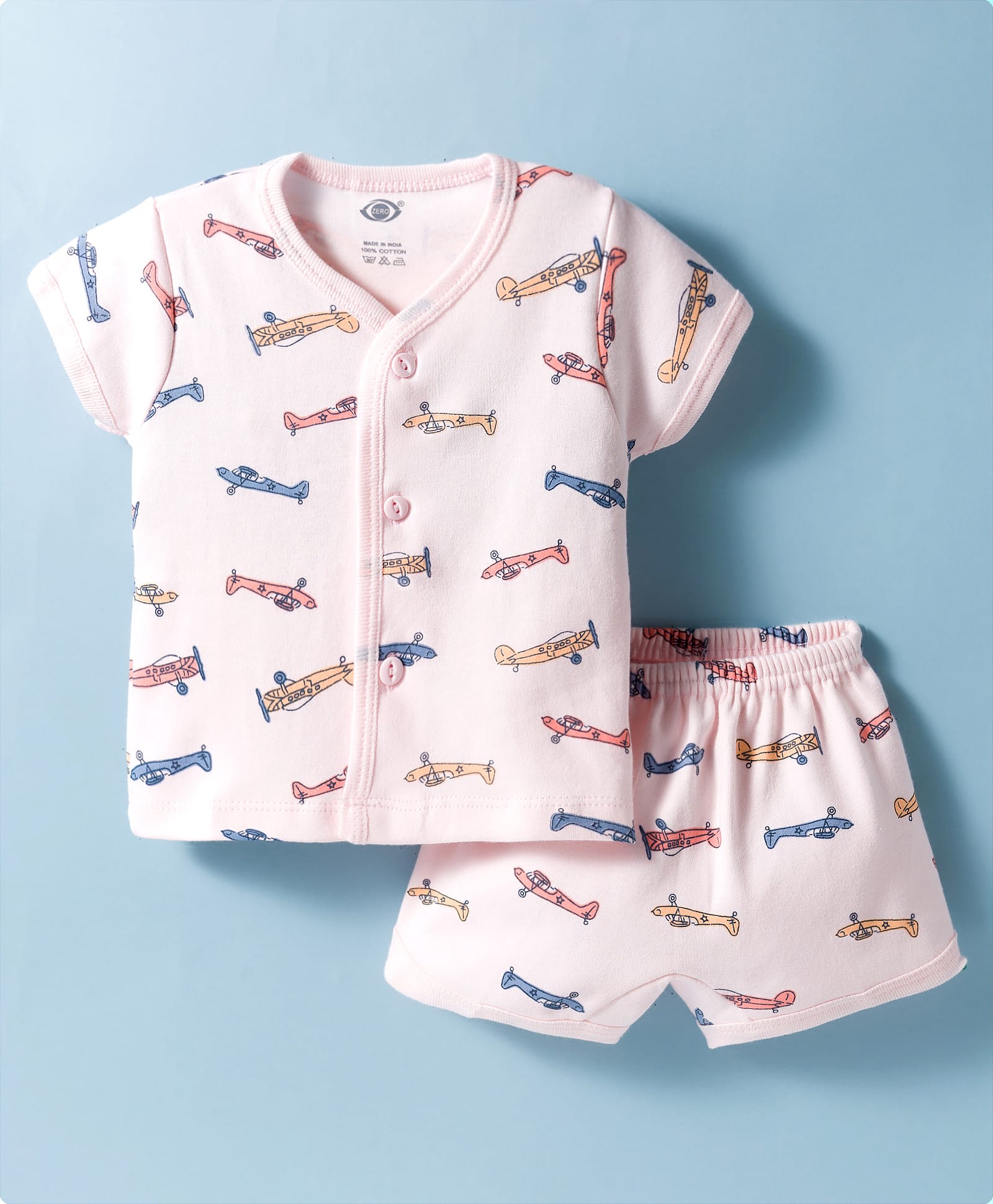 Zero Knitted Half Sleeves Co-ords T-Shirt & Shorts Night Set with Airplane Print - Peach-picture-14