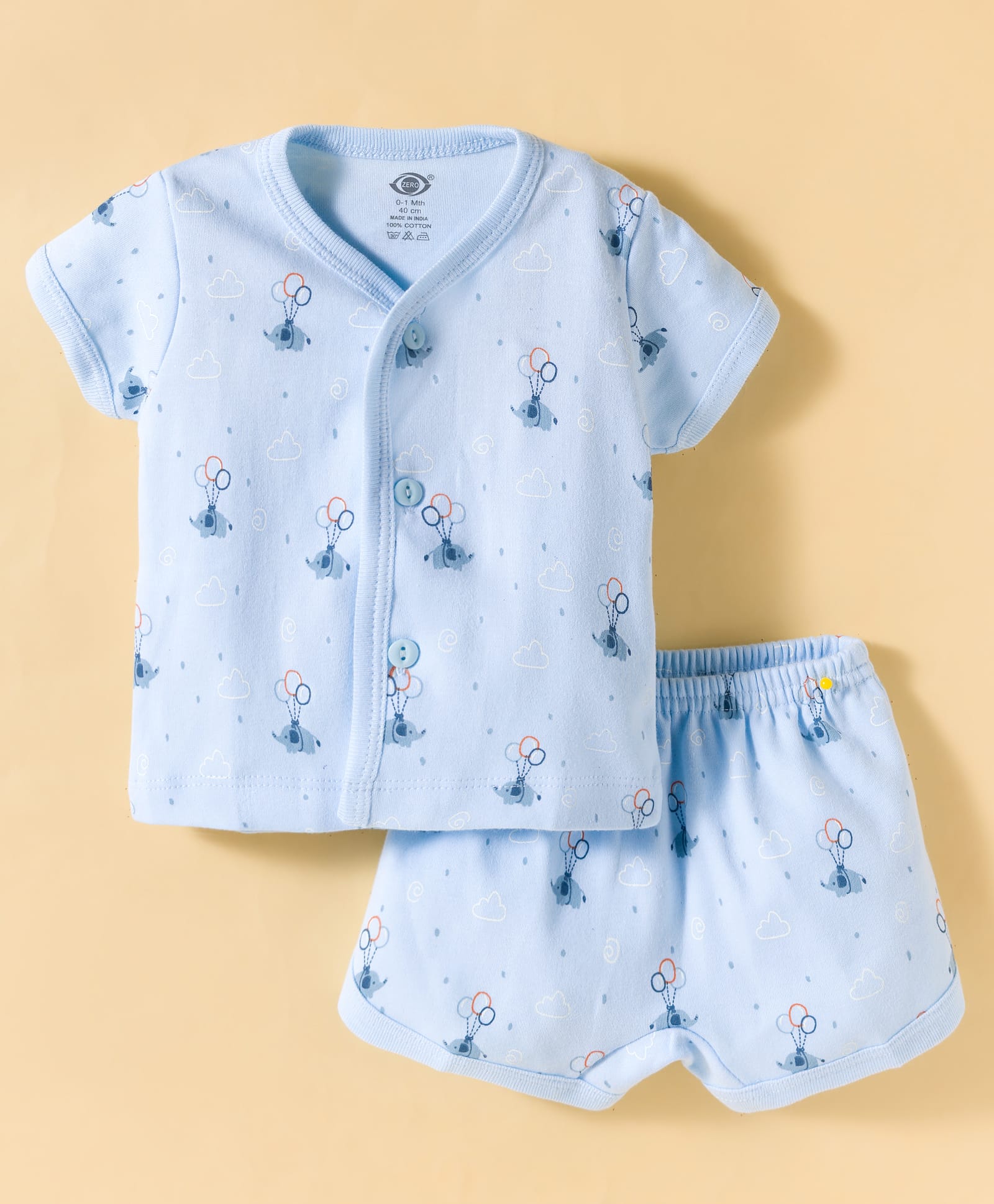 Zero Knitted Half Sleeves Co-ords T-Shirt & Shorts Night Set with Balloon Print - Light Blue-picture-29