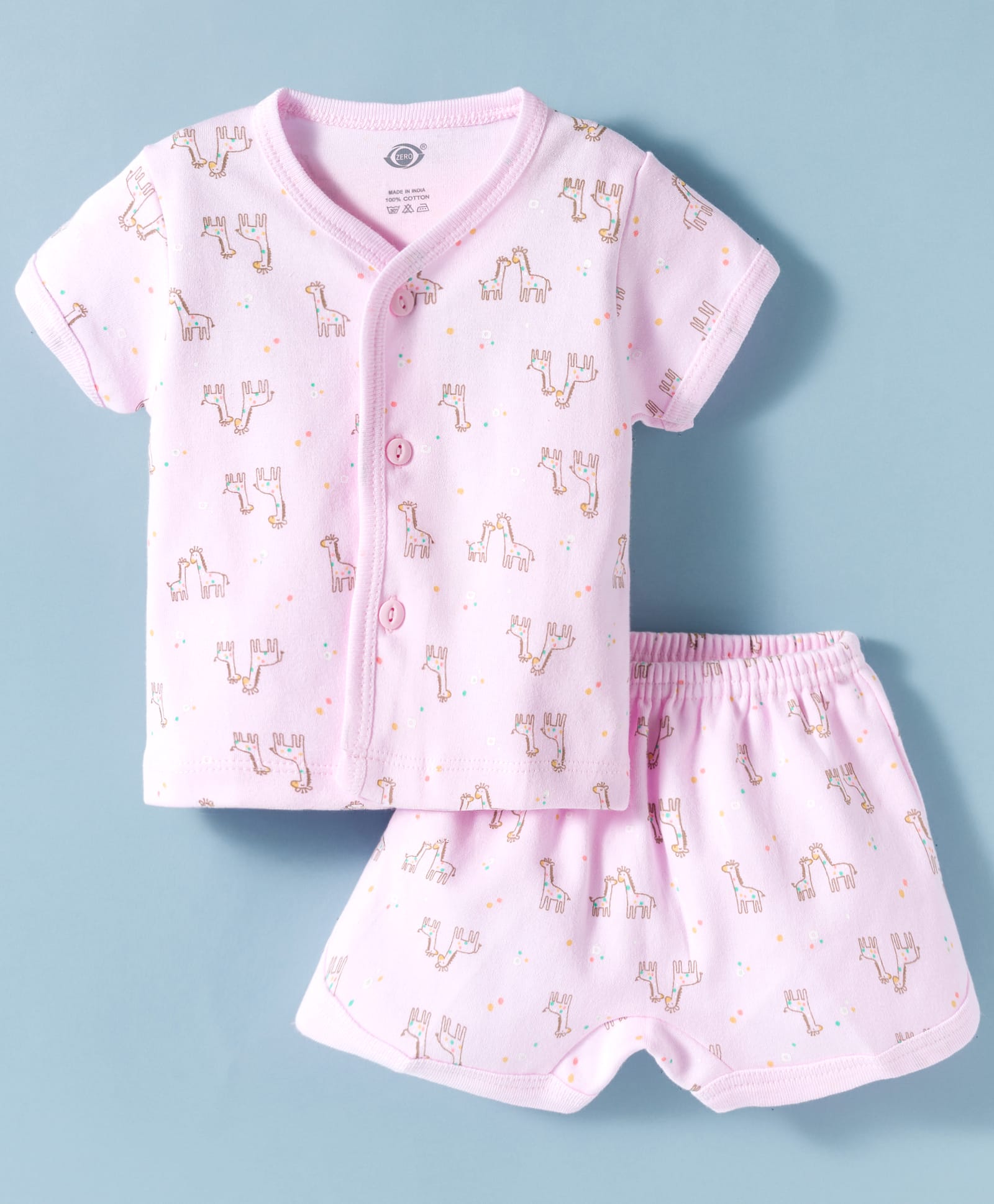 Zero Knitted Half Sleeves Co-ords T-Shirt & Shorts Night Set with Giraffe Print - Pink-image-31