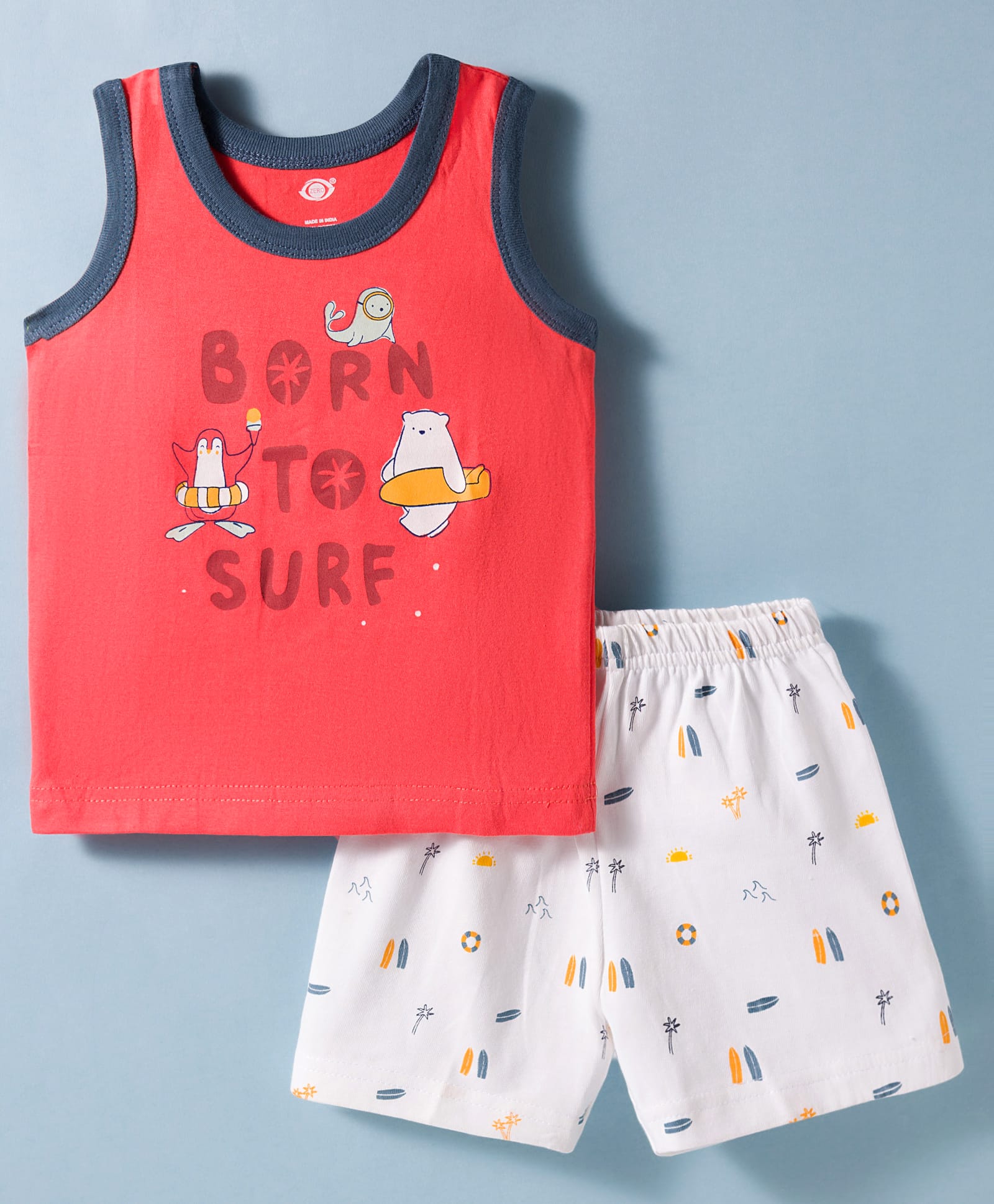 Zero Knitted Sleeveless T-Shirt & Shorts Night Suit with Surfing Print - Orange & White-picture-21