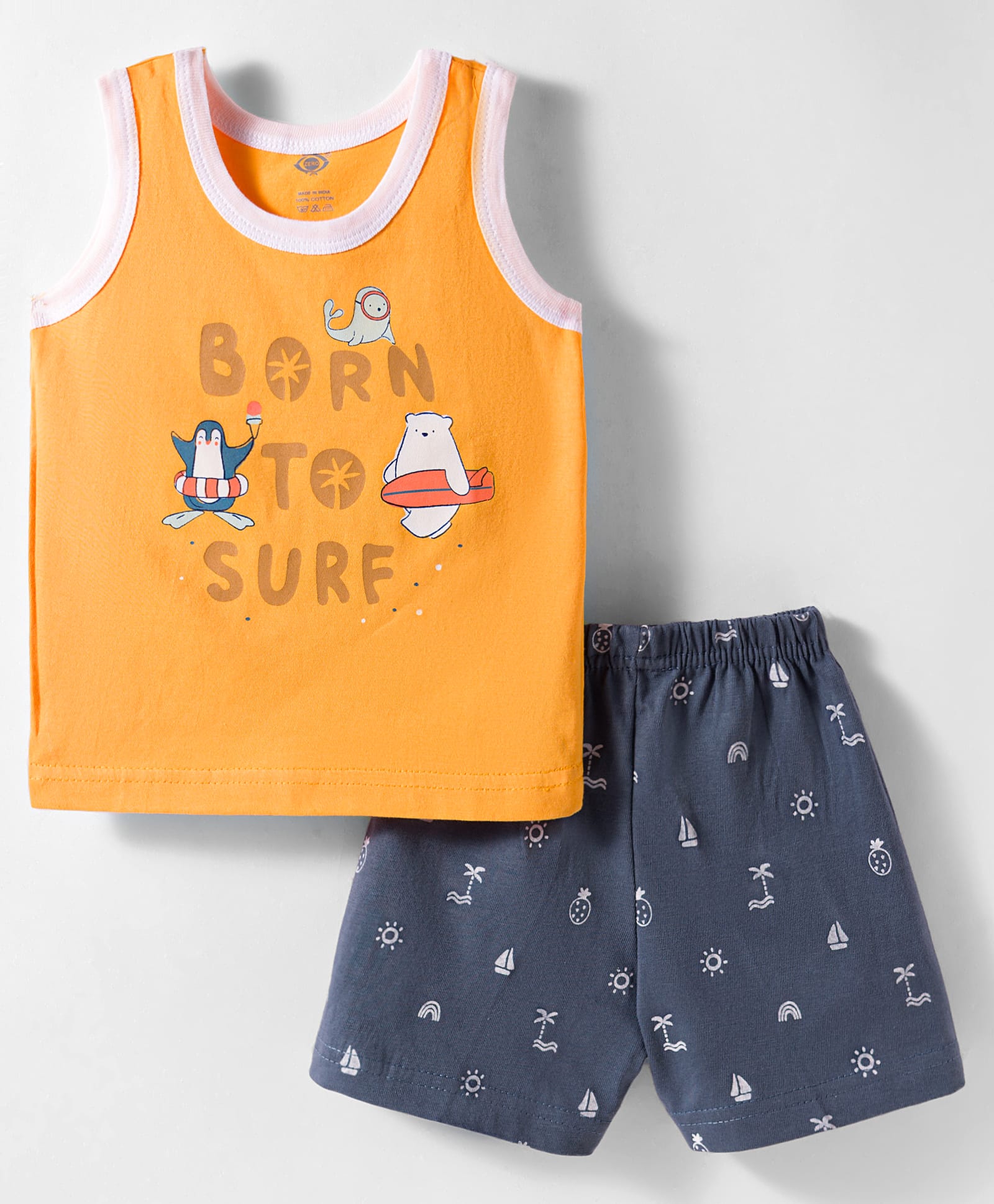 Zero Knitted Sleeveless T-Shirt & Shorts Night Suit with Surfing Print - Yellow & Grey-image-30