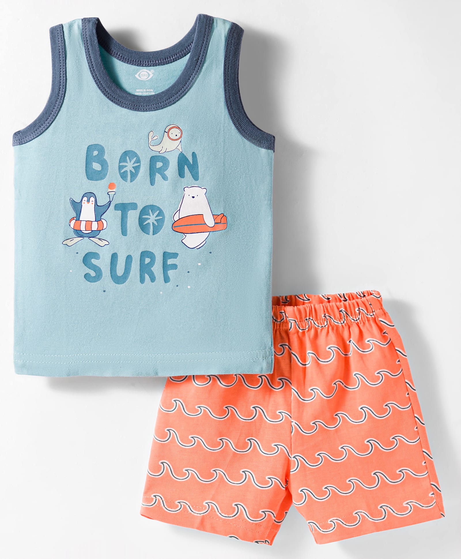 Zero Knitted Sleeveless T-Shirt & Shorts Night Suit with Surfing Print - Turquoise & Orange-image-26