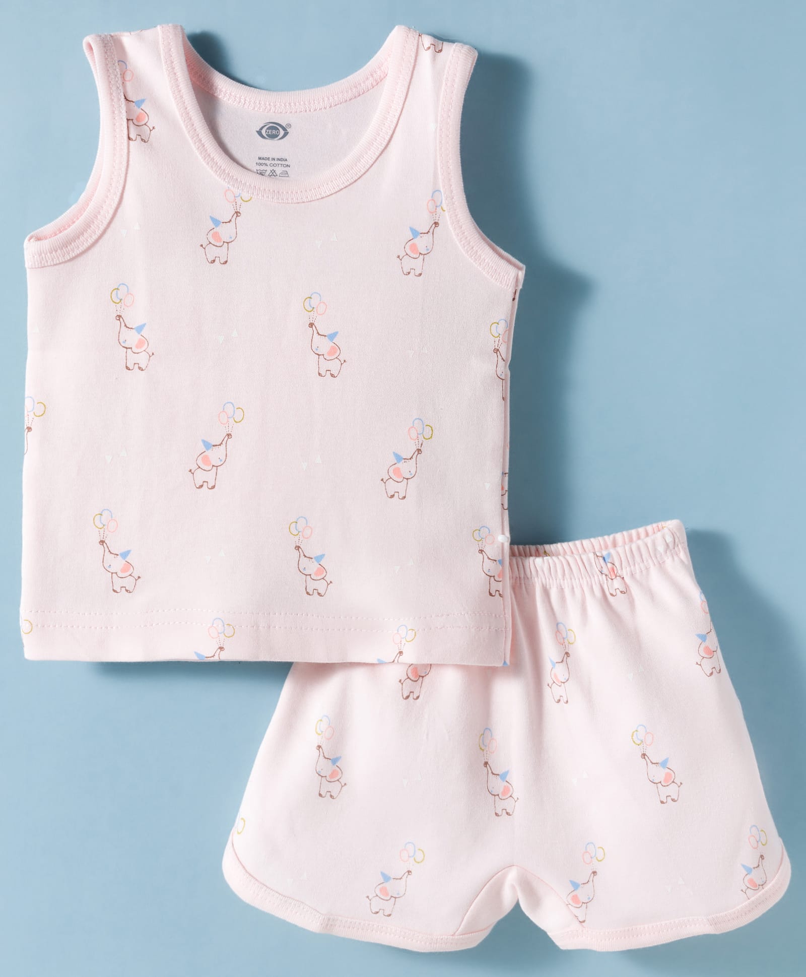 Zero Knitted Sleeveless Co-ords T-Shirt & Shorts Night Set with Elephant Print - Baby Pink-picture-18