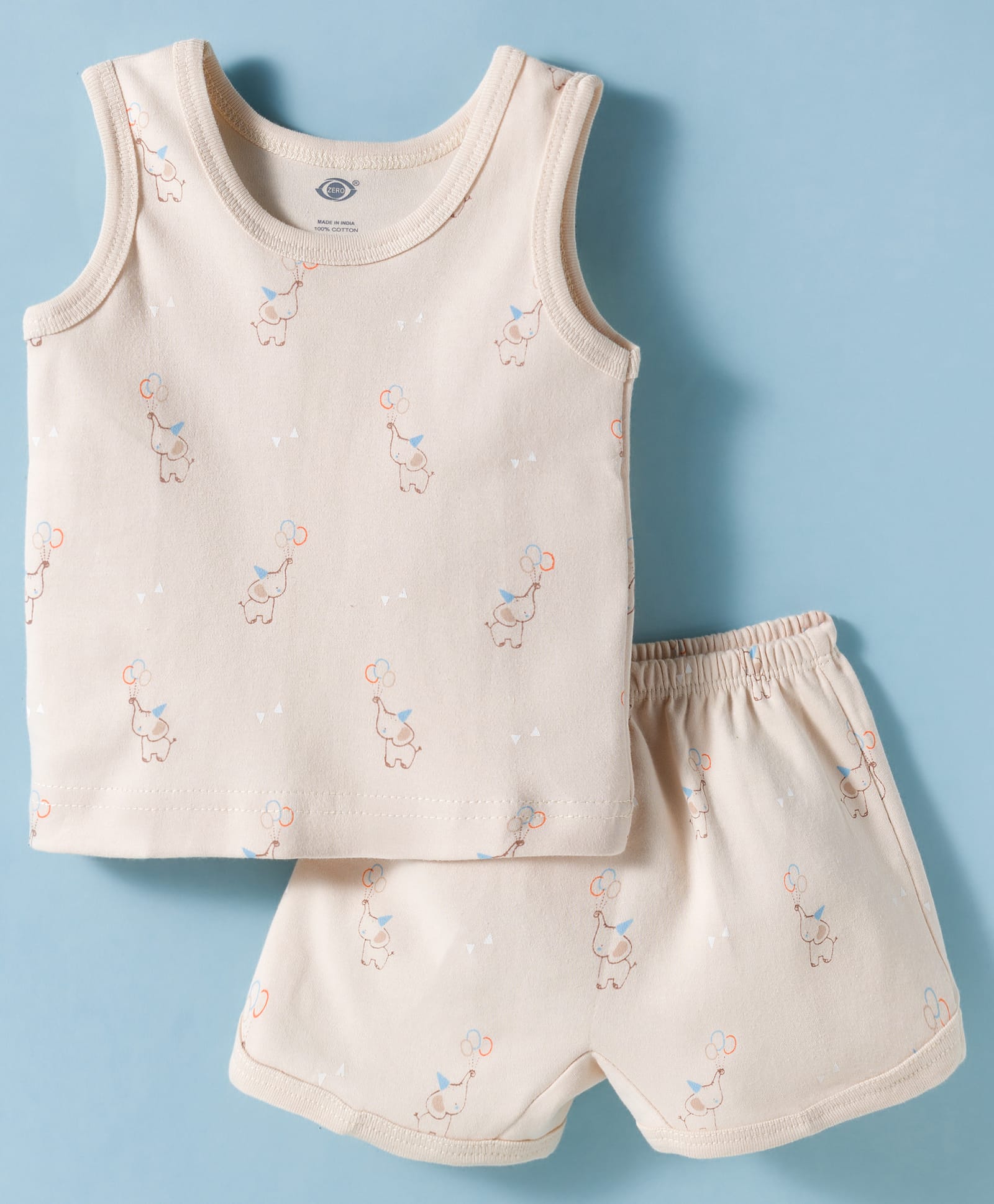 Zero Knitted Sleeveless Co-ords T-Shirt & Shorts Night Set with Elephant Print - Beige-picture-28