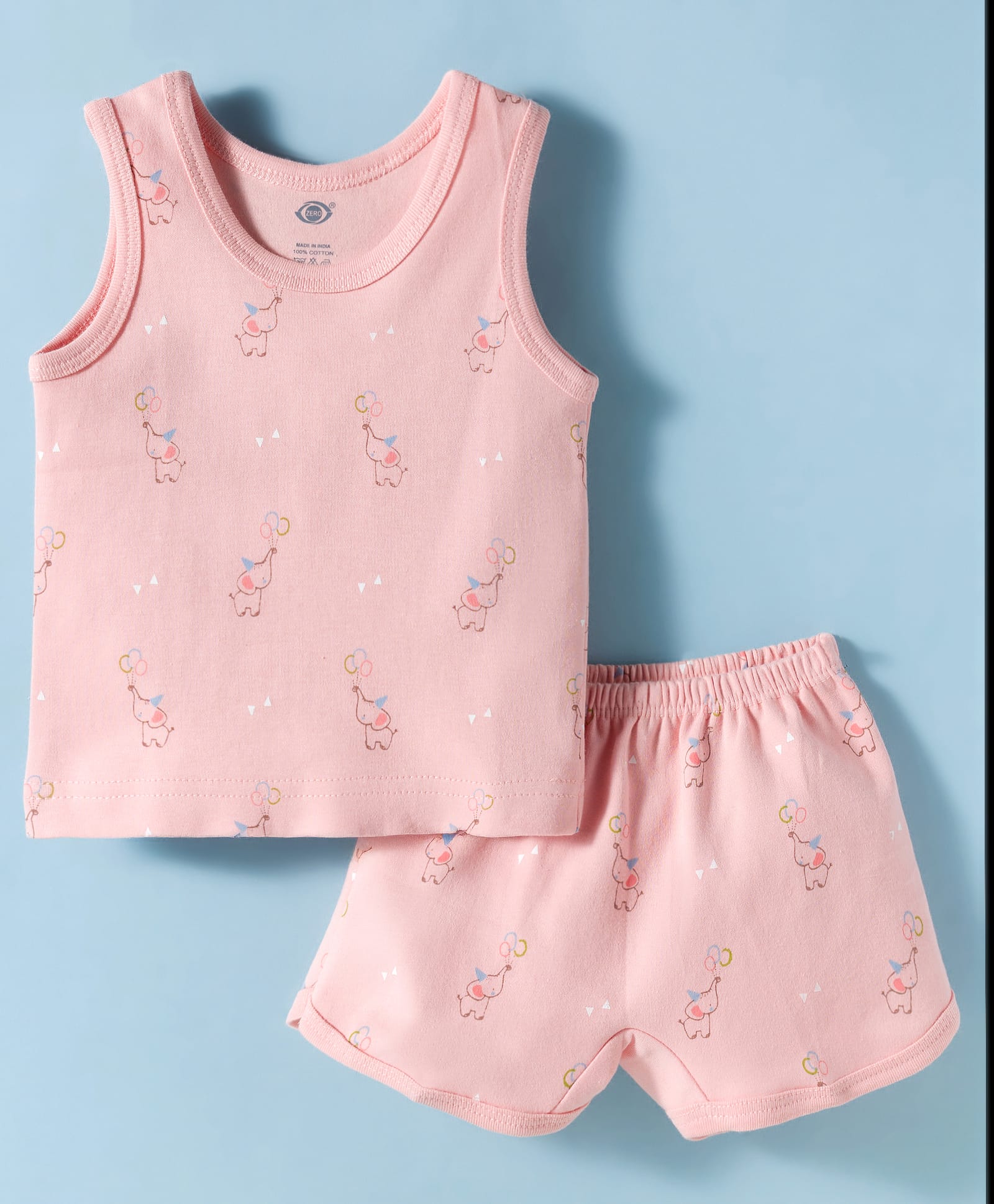 Zero Knitted Sleeveless Co-ords T-Shirt & Shorts Night Set with Elephant Print - Peach-picture-48
