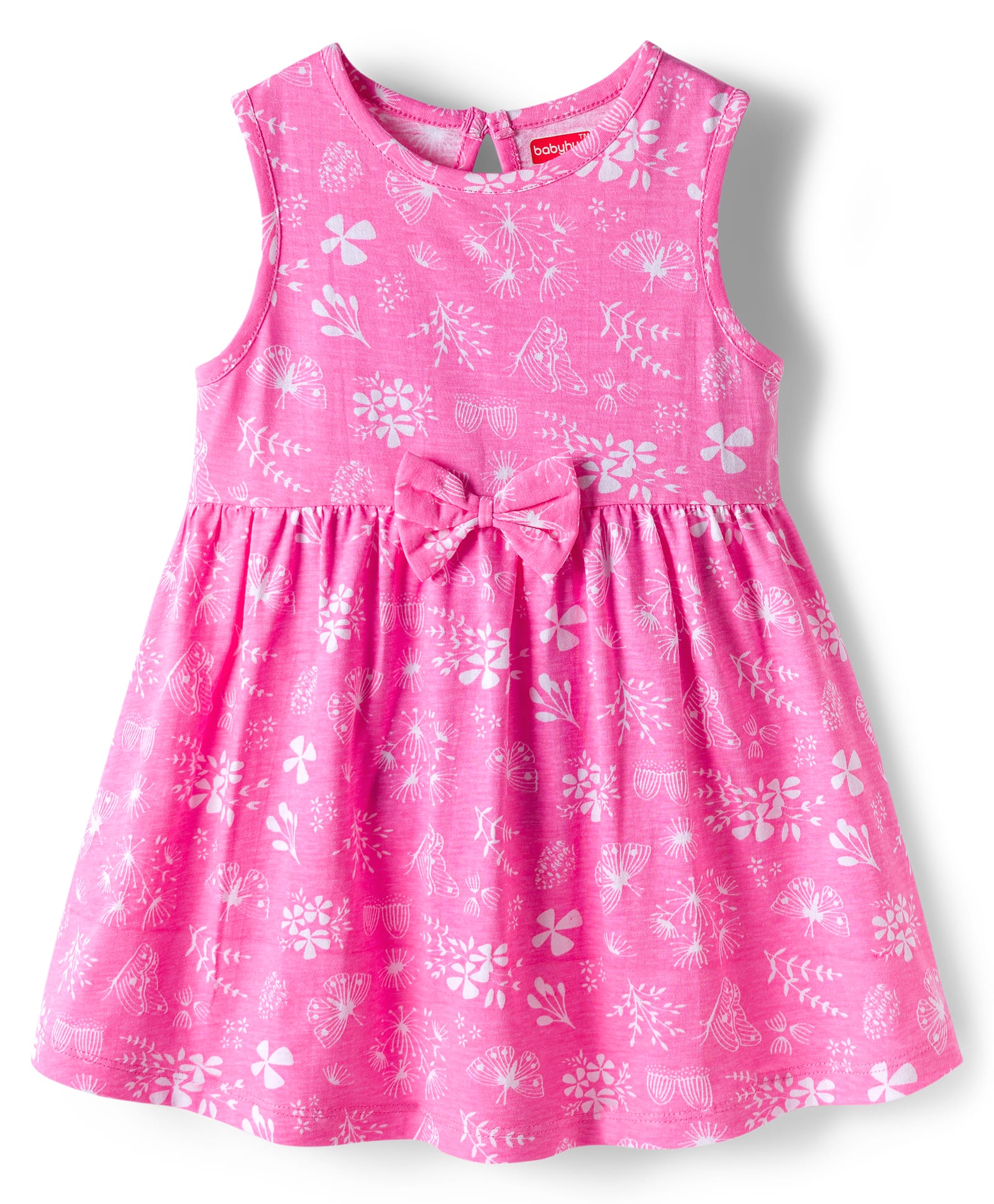 Babyhug 100% Cotton Knit Sleeveless Floral Printed Frock With Bow Applique - Multicolour