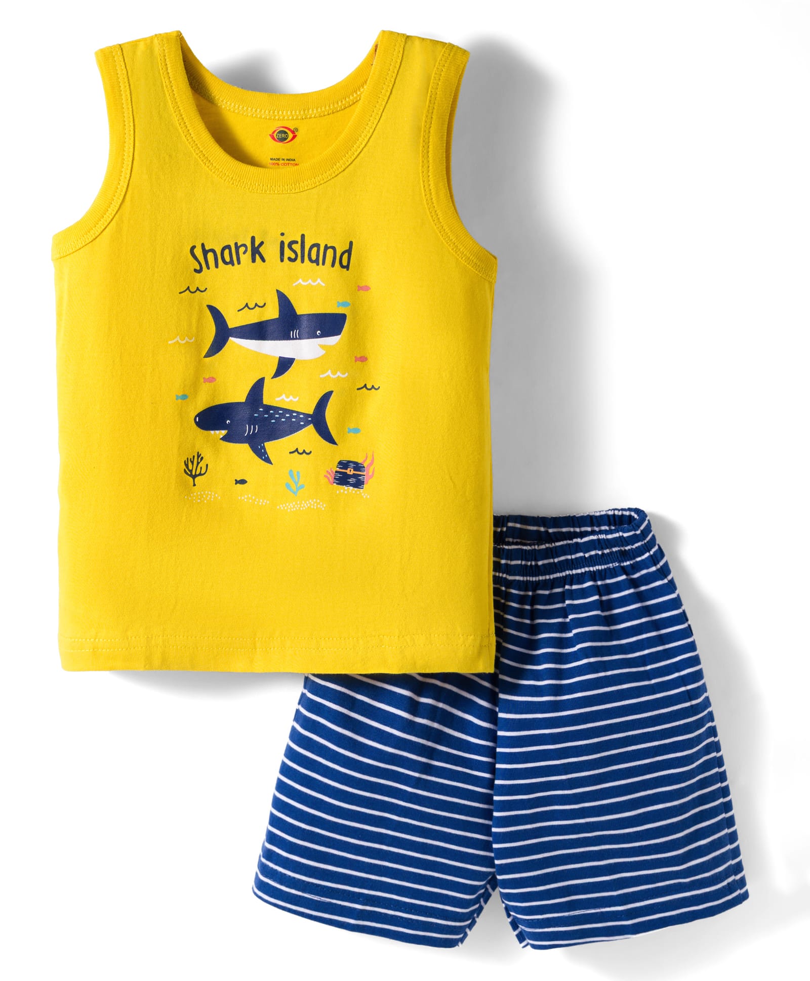 Zero Knit Sleeveless T-Shirt & Shorts Night Suit With Shark Print - Yellow & Navy Blue-image-25