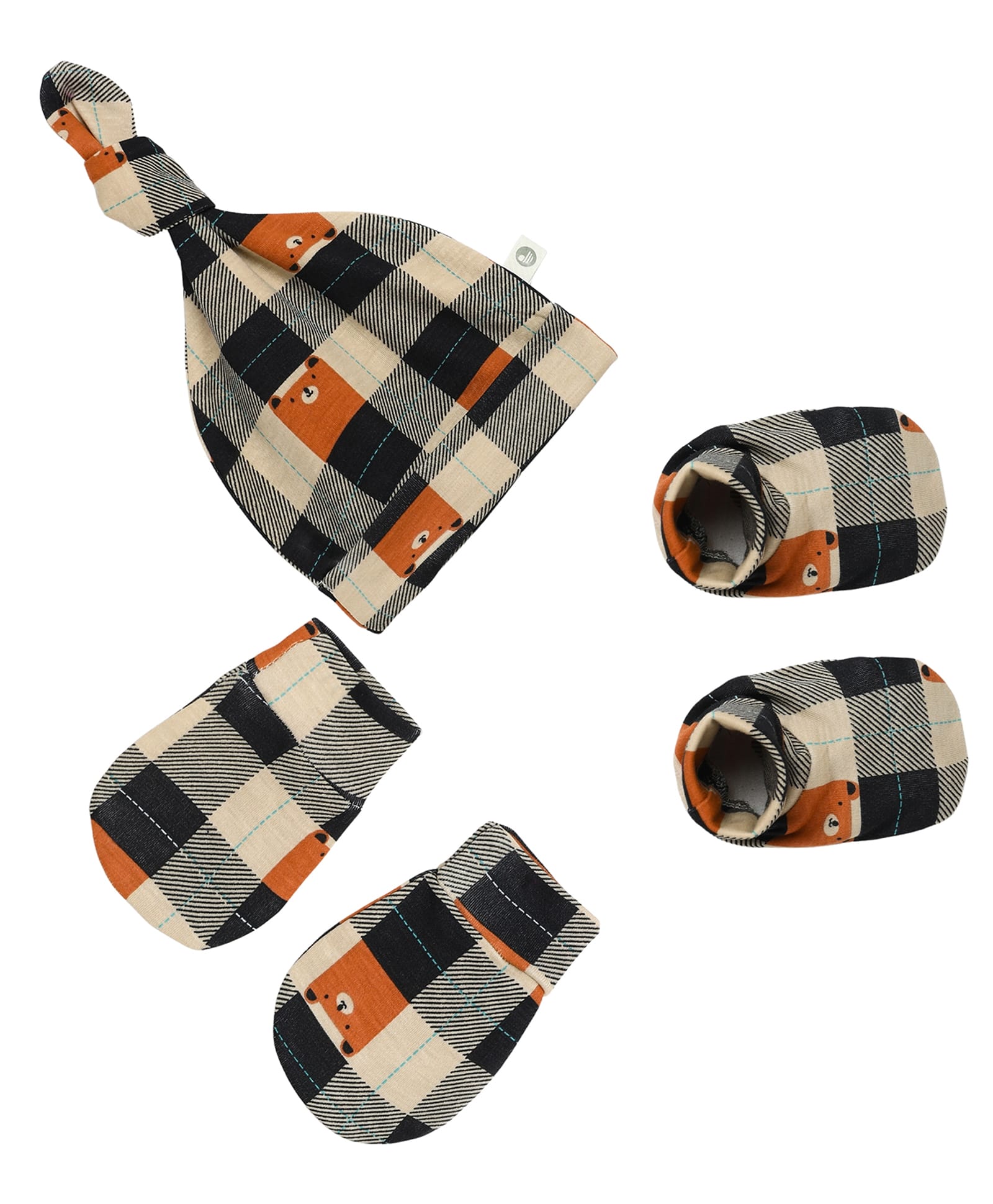 Cocoon Care Bamboo Knit Checked Bear Printed Cap Mittens & Booties Set - Multi Colour - Circumference 35 Cms-picture-24