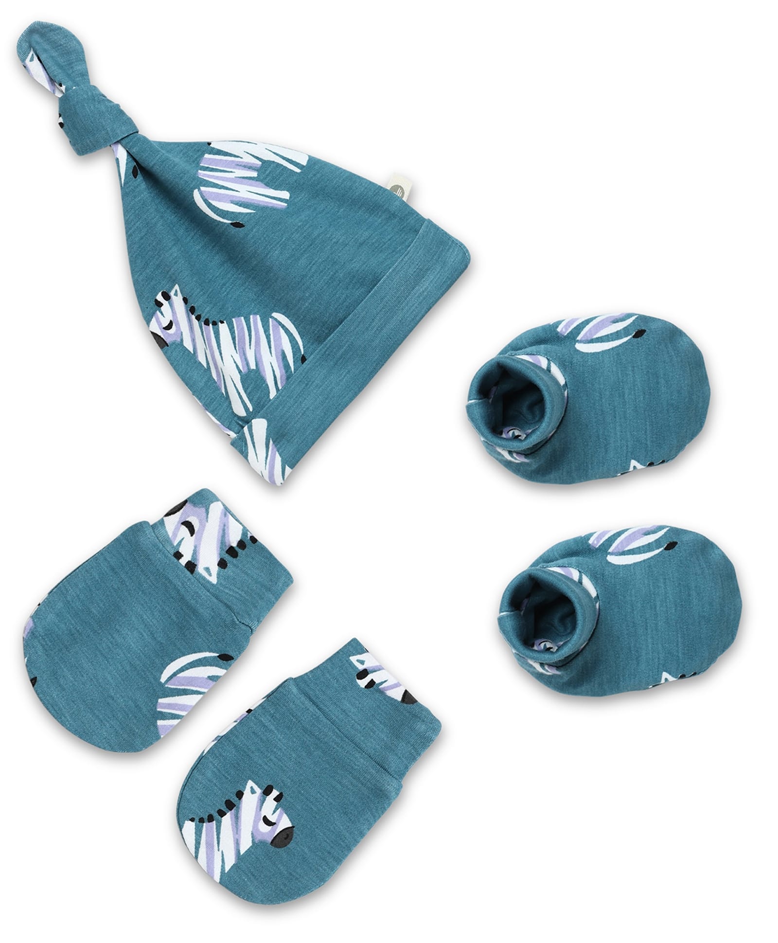Cocoon Care Bamboo Cotton Knitted Zebra Printed Cap Mittens & Booties Set - Blue - Circumference 35 Cms-picture-21
